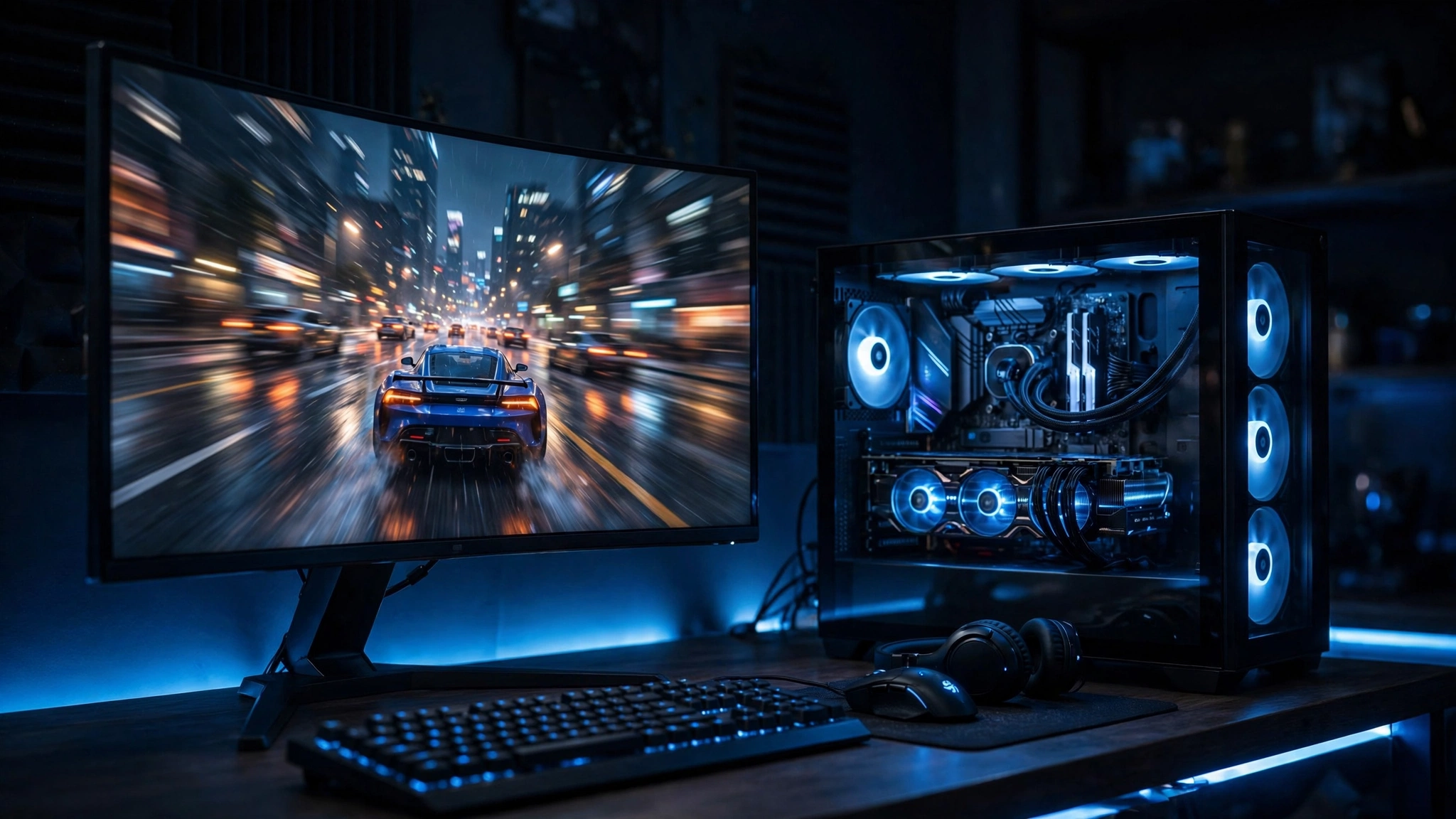 Gaming battlestation with RTX 5070 powered PC running a fast-paced racing game on a curved monitor