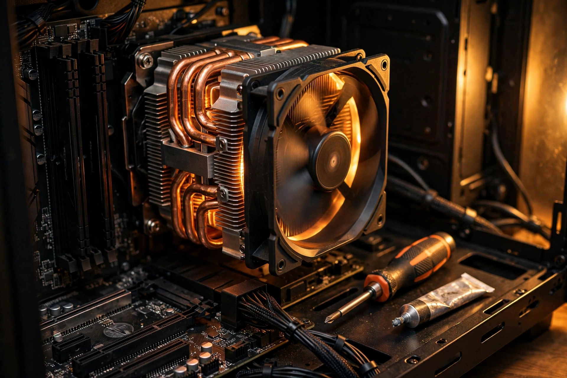 Gaming PC with a glowing CPU cooler being tuned to fix a CPU bottleneck without upgrading