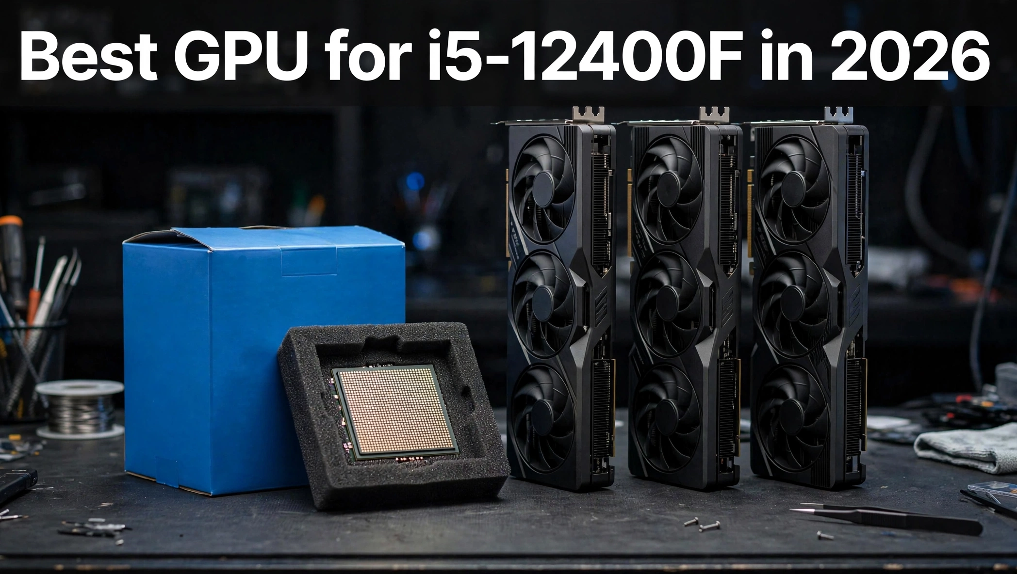 Intel Core i5-12400F processor beside a lineup of compatible graphics cards for no-bottleneck gaming pairings