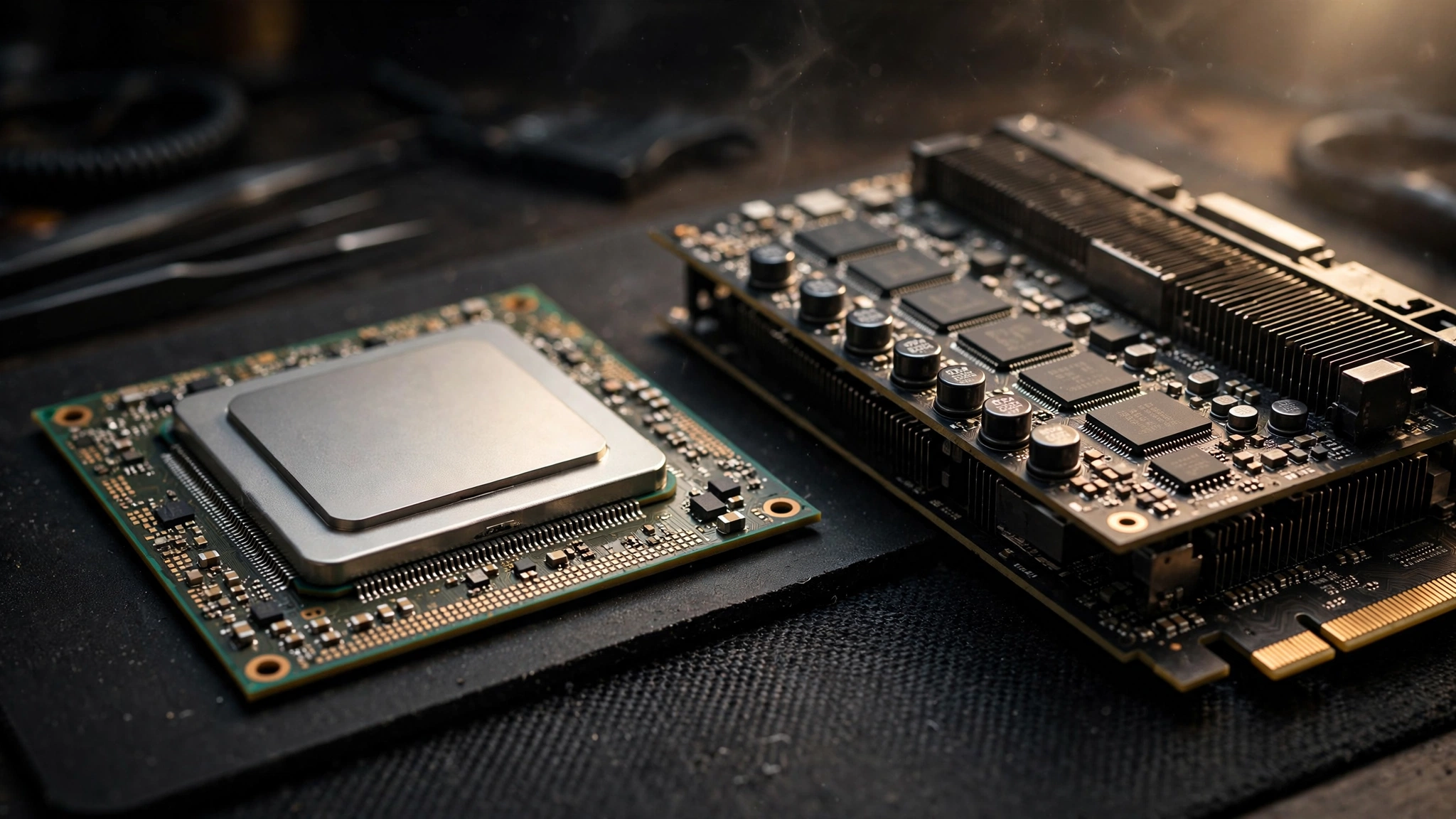 AMD Ryzen 5 5600 processor beside an NVIDIA RTX 5060 graphics card on a workbench for bottleneck pairing analysis