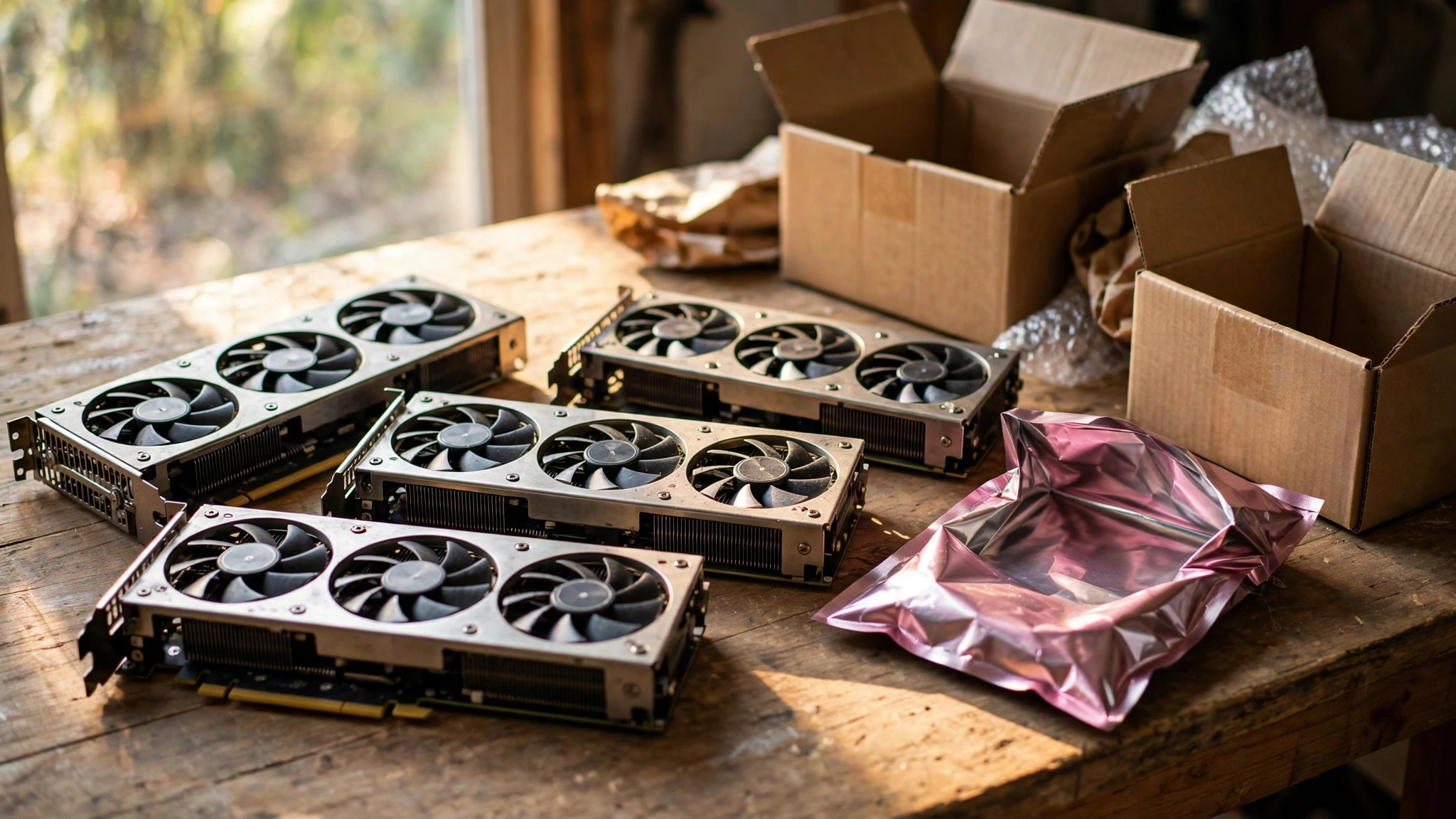 Used graphics cards laid out on a workbench, second hand GPU market 2026