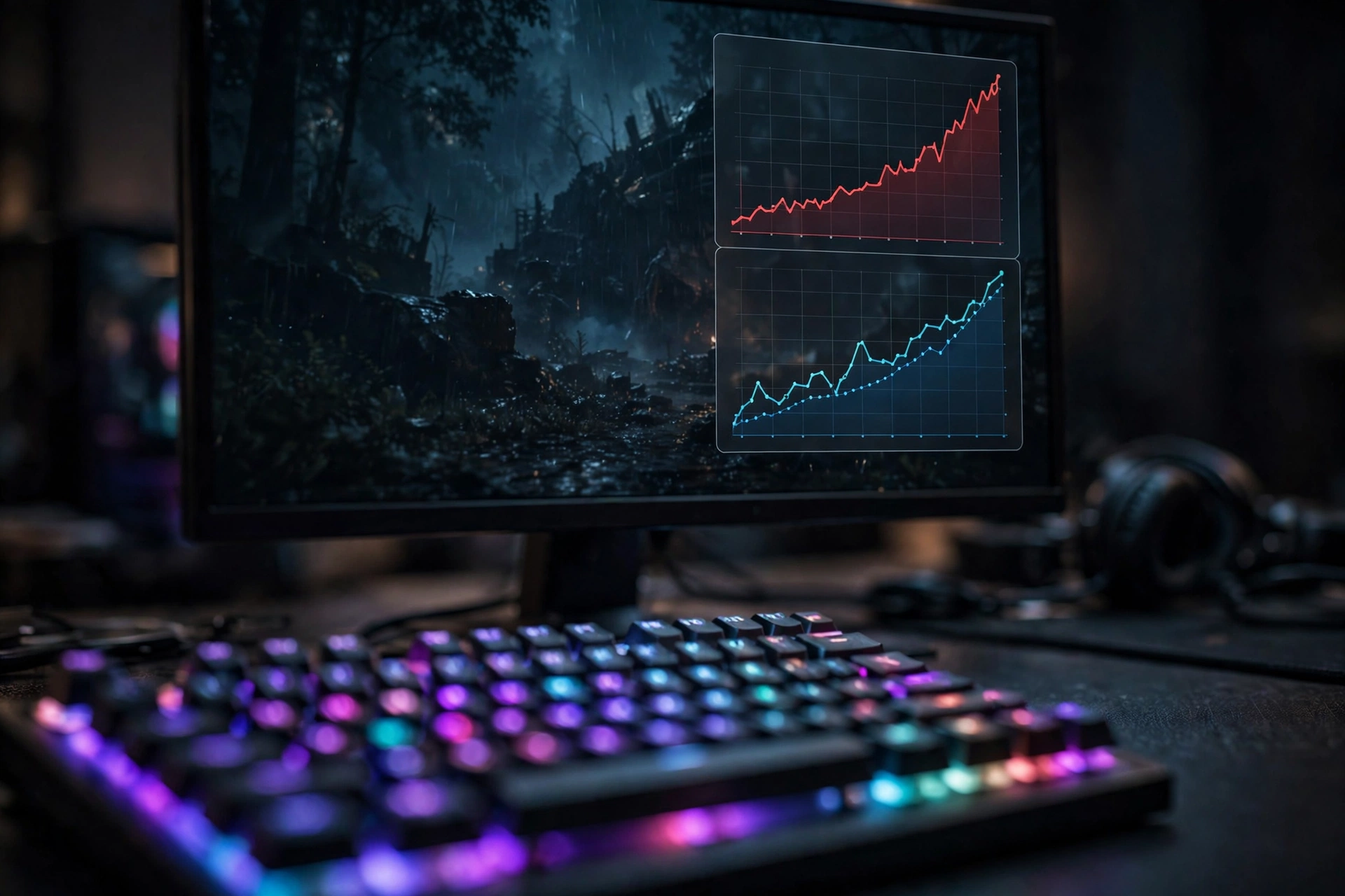Hardware monitoring overlay showing GPU temperature and clock speed graphs while gaming