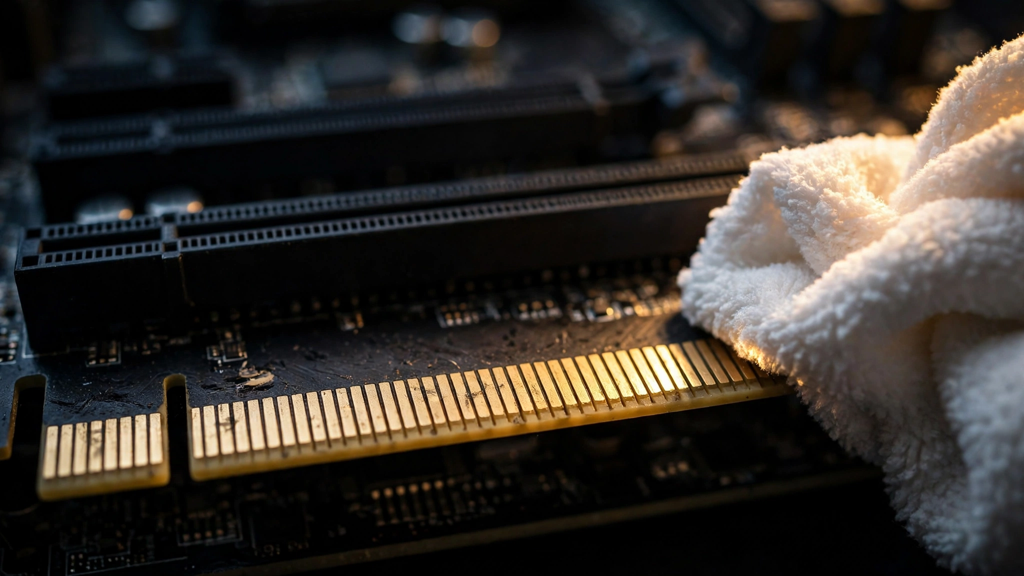 Close-up of a graphics card's gold PCIe connector being cleaned with a microfiber cloth
