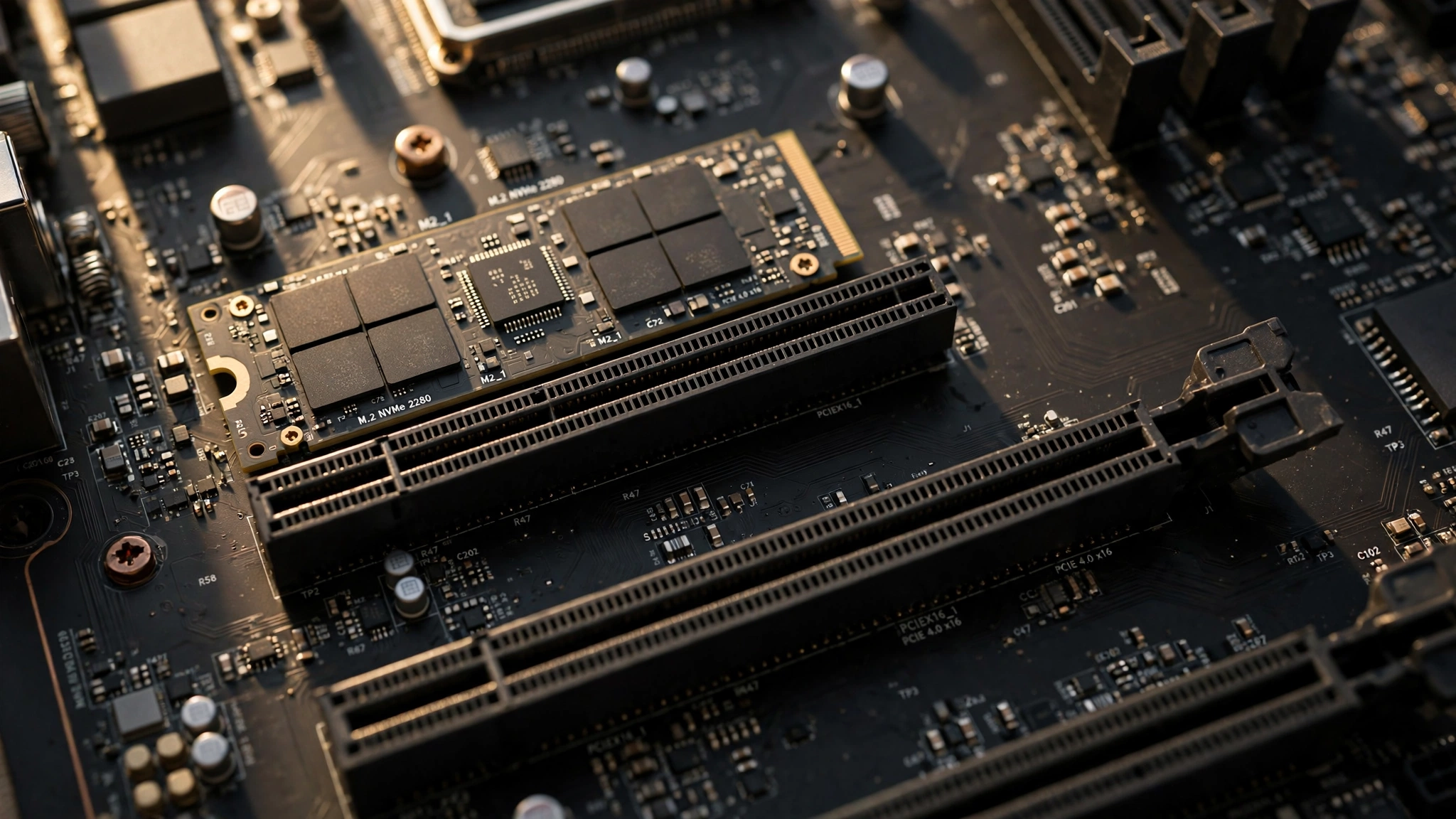 M.2 NVMe SSD installed next to PCIe x16 slots showing motherboard lane layout
