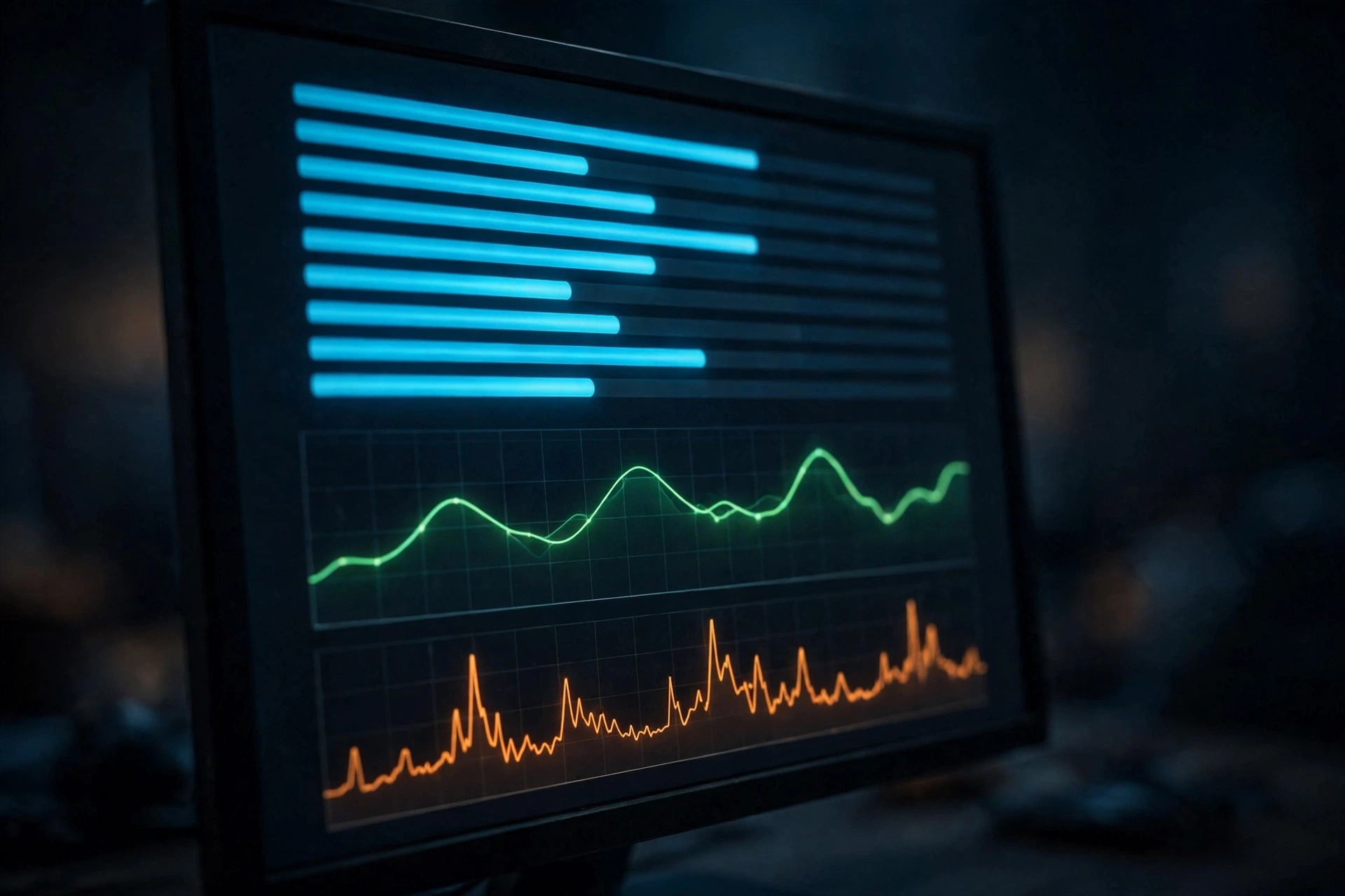Per-core CPU usage bars and frametime graphs on a monitor during a PC bottleneck diagnostic test