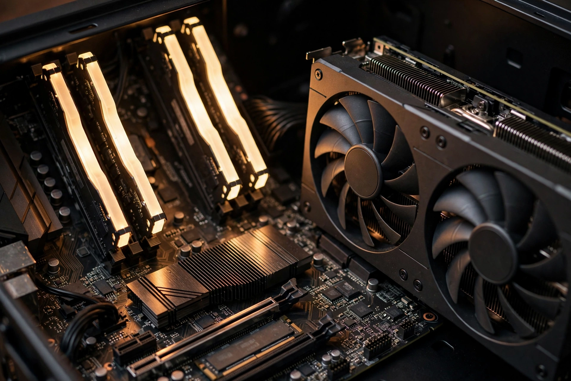 Close-up of glowing RAM sticks and a dual-fan graphics card inside a PC case during a hidden bottleneck check