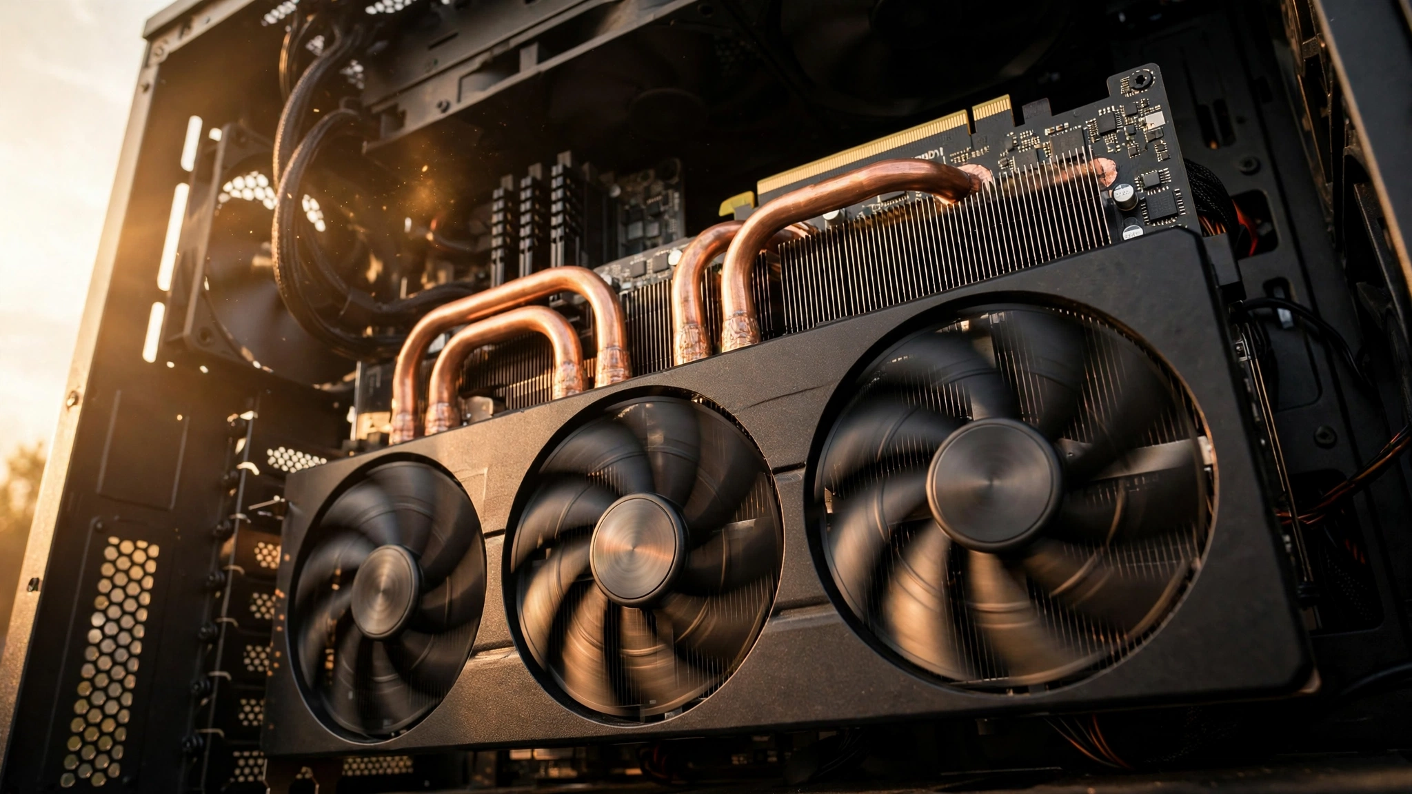 Graphics card cooling with spinning fans inside a PC case for stable GPU boost clocks