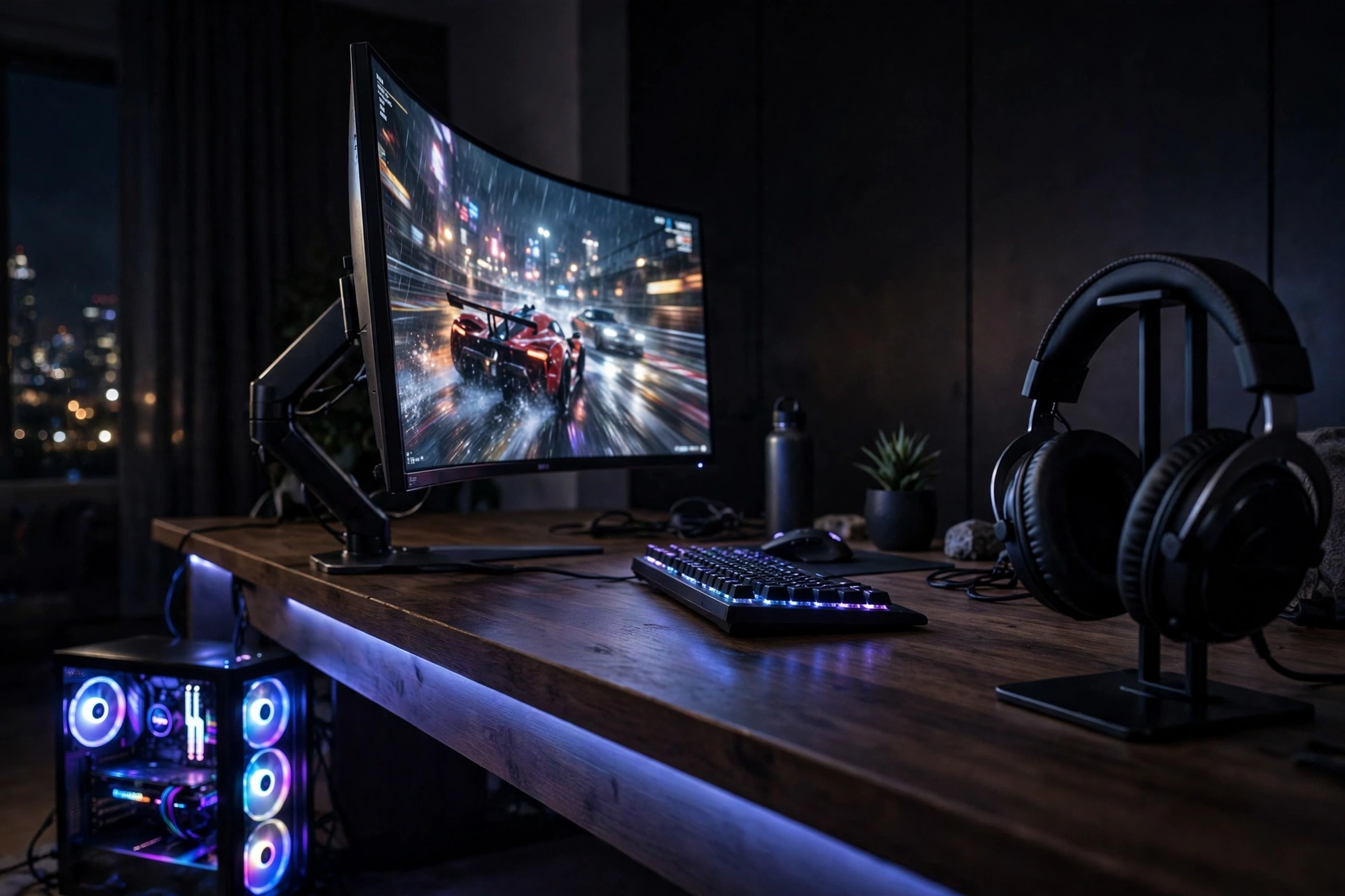 Gaming PC setup with ultrawide monitor and high refresh gameplay