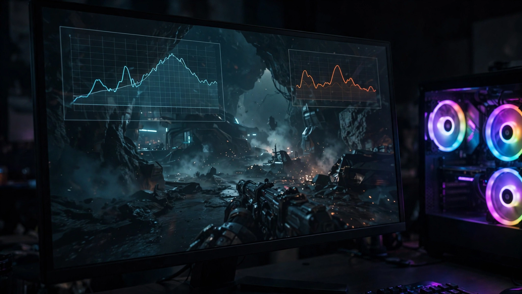 MSI Afterburner overlay showing GPU and CPU usage graphs to verify a balanced GPU pairing
