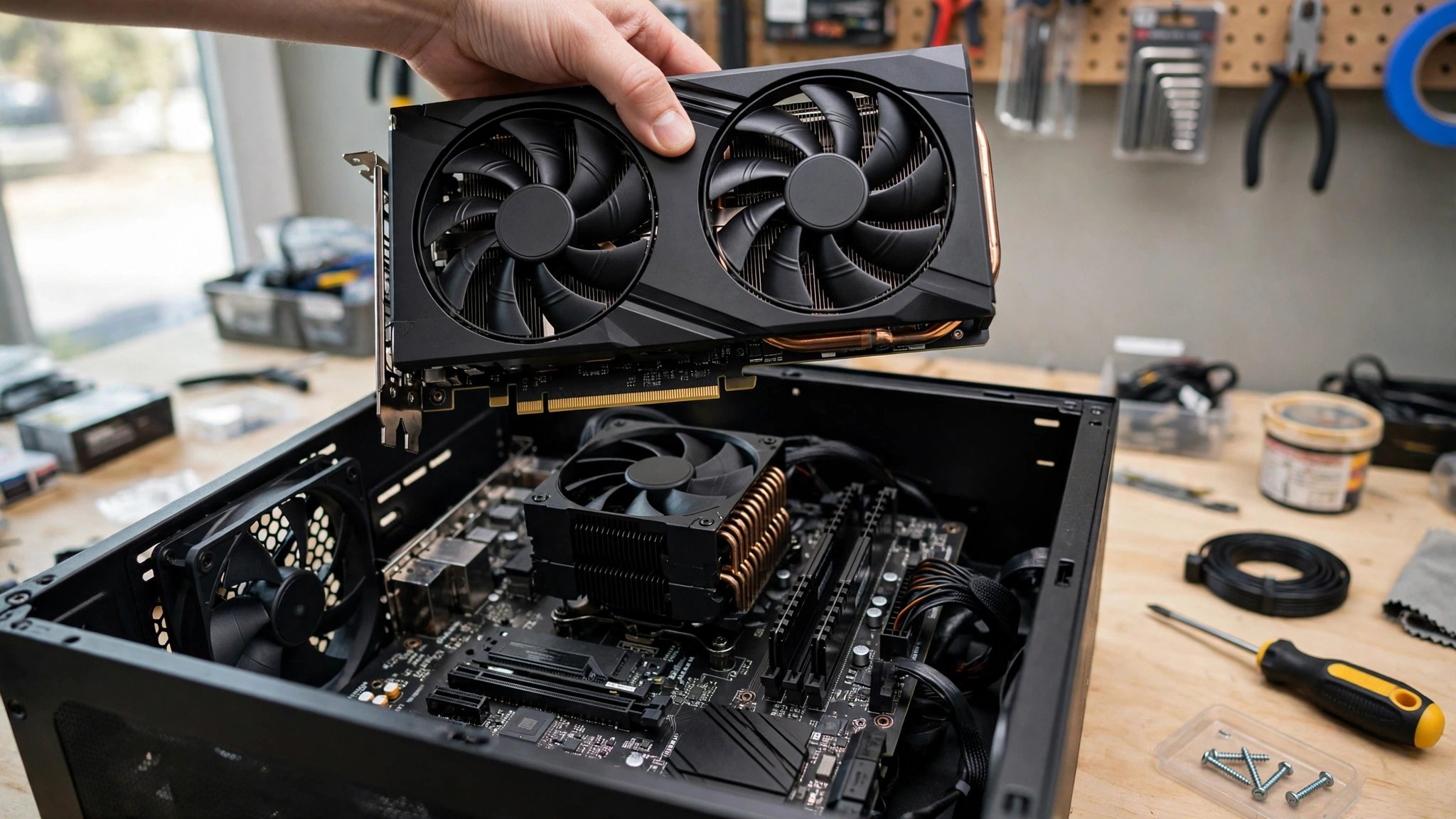 Installing an AMD Radeon RX 9060 XT graphics card into a gaming PC