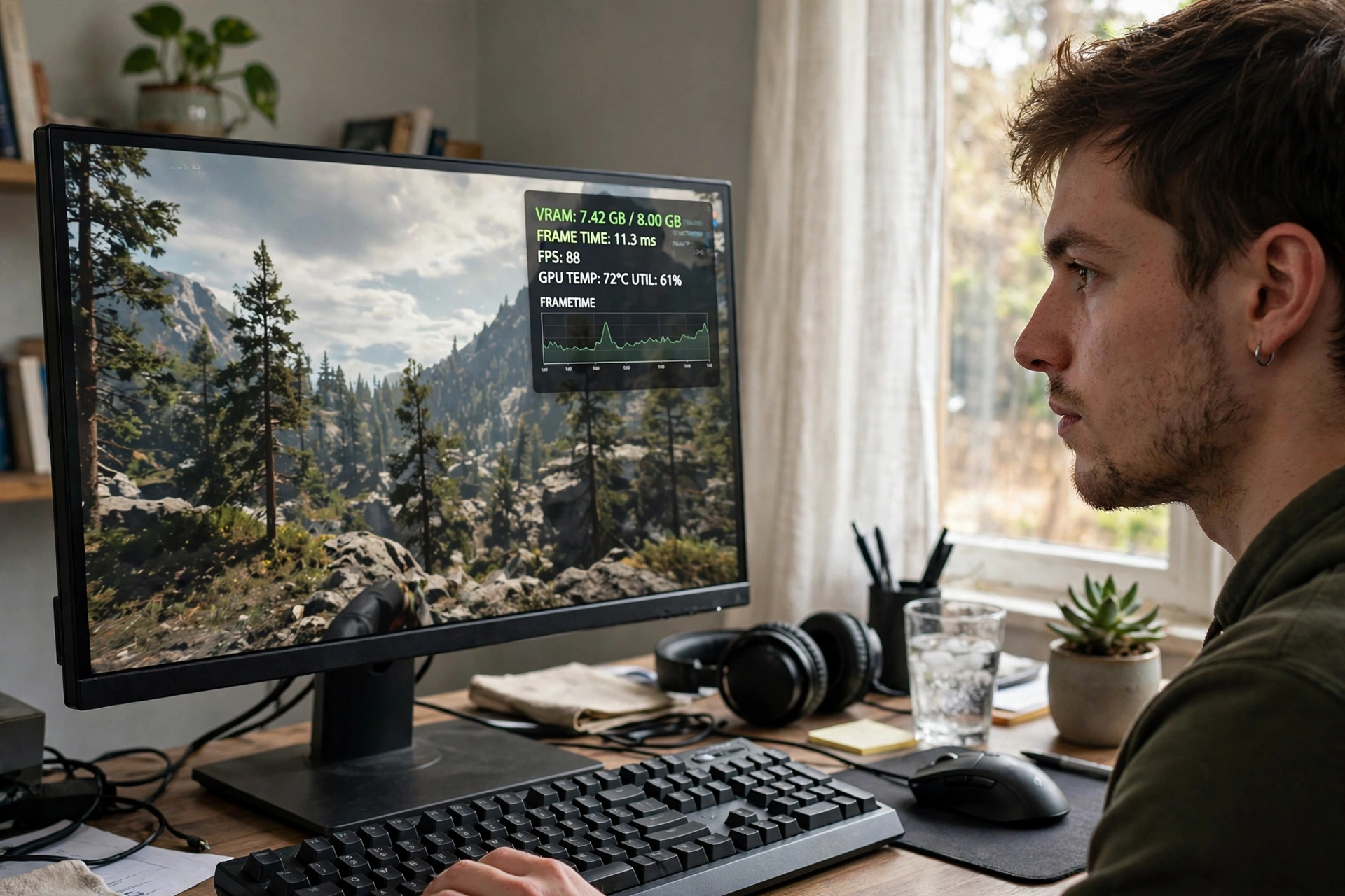 Gamer checking VRAM usage and frame times on a monitor overlay while playing