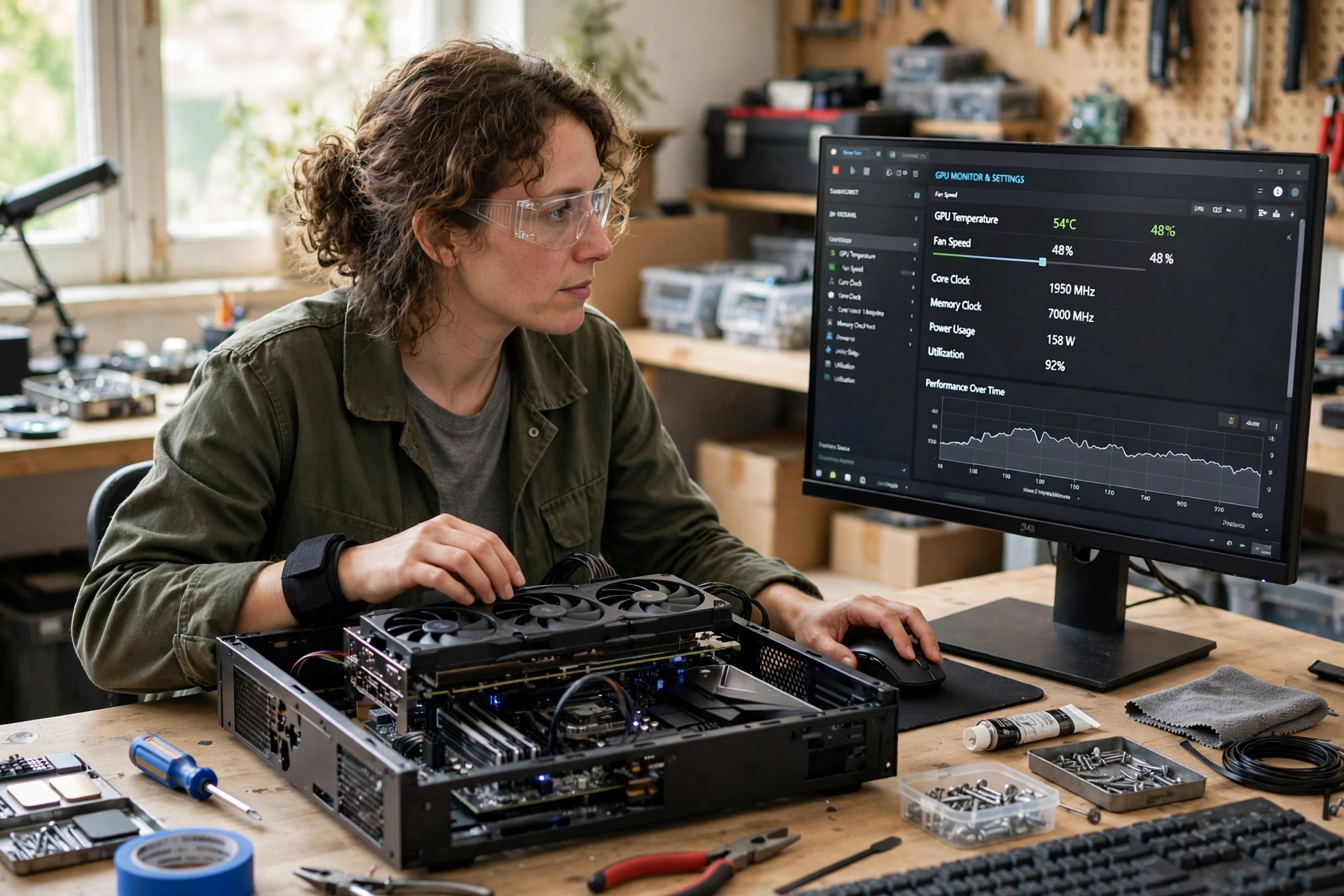 PC builder testing a graphics card and checking settings on a gaming PC