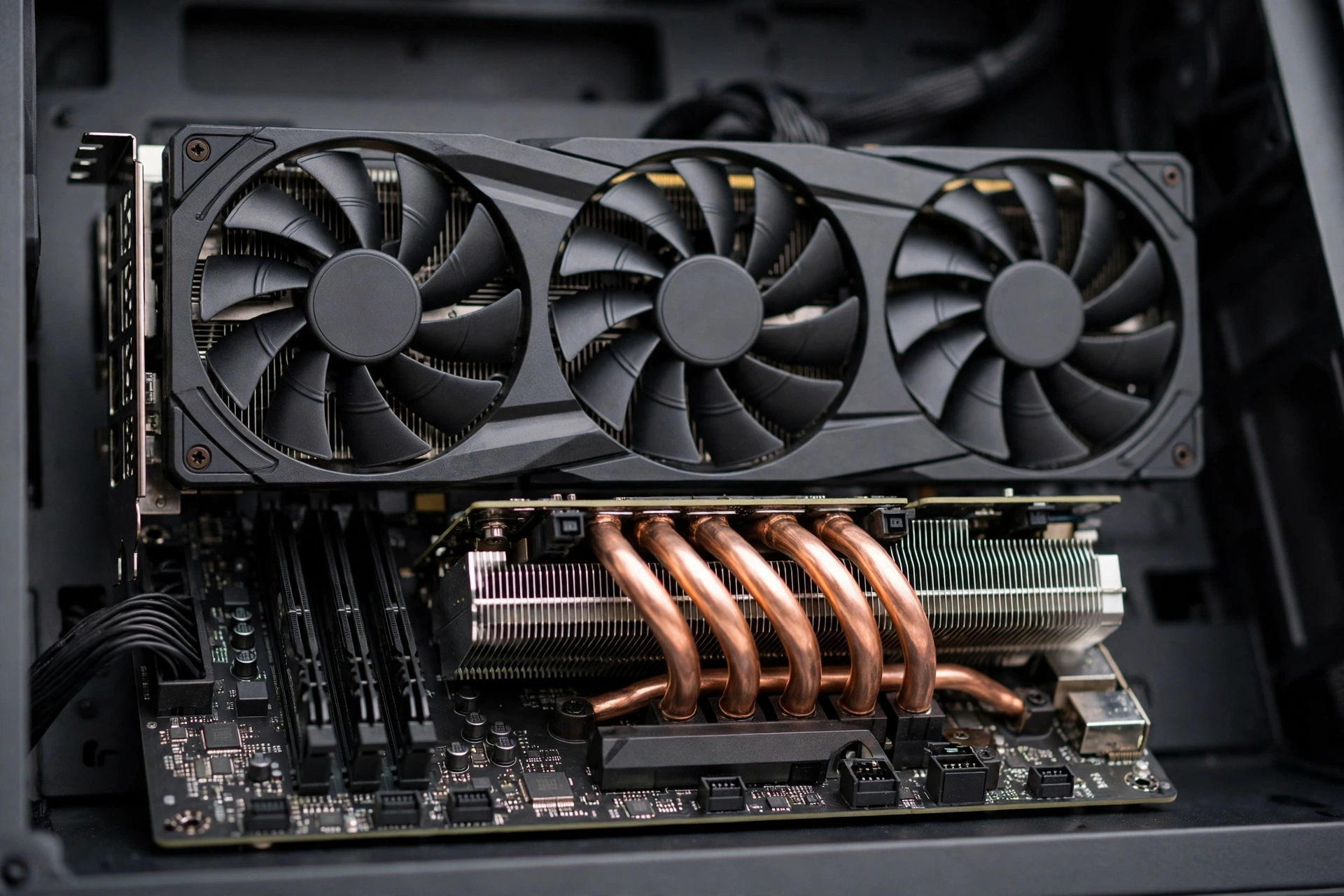 Close view of a graphics card installed in a gaming PC with clean lighting