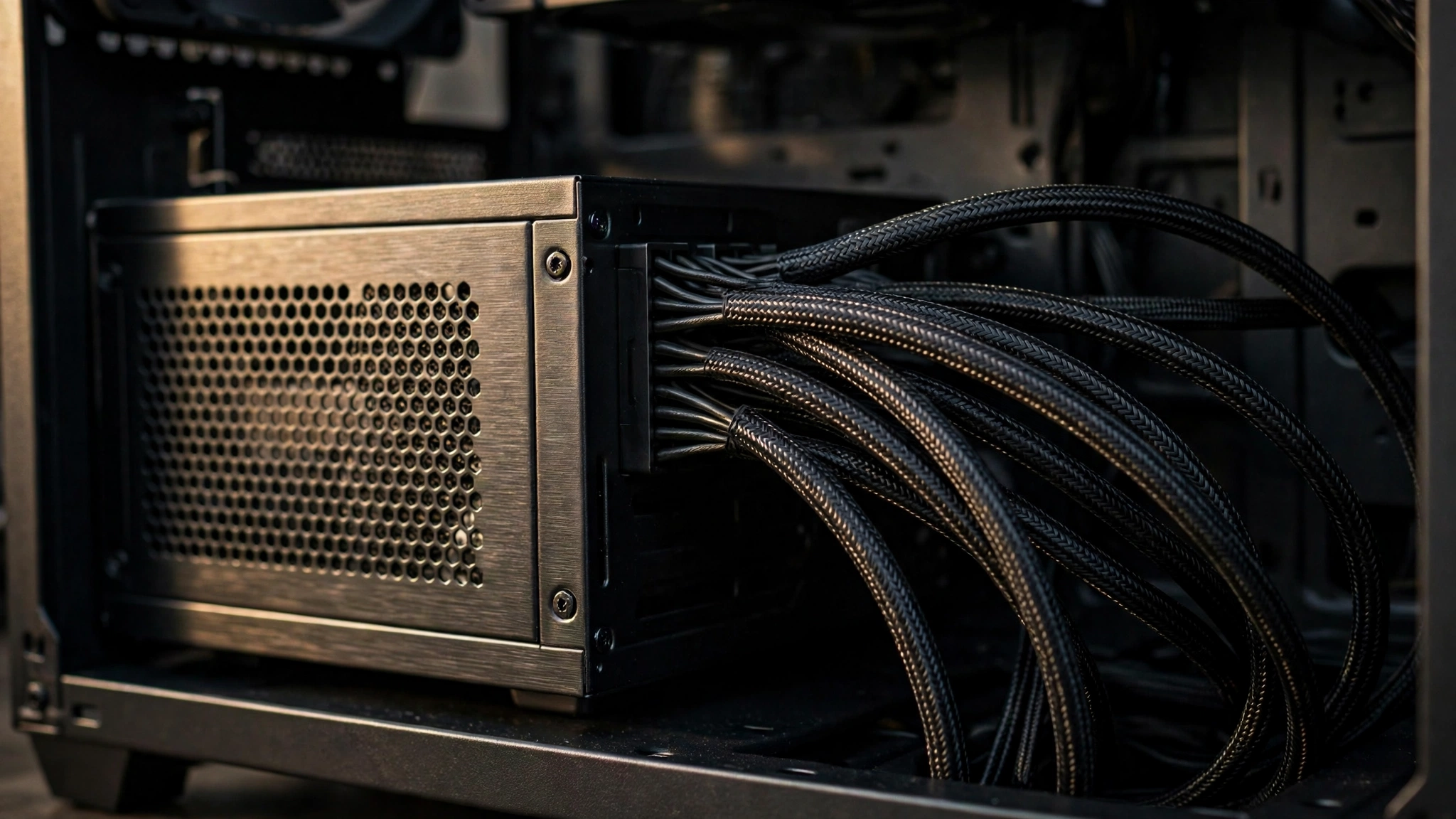 Power supply unit with braided cables inside a PC case, a cheap PSU is a real hardware risk unlike bottlenecks