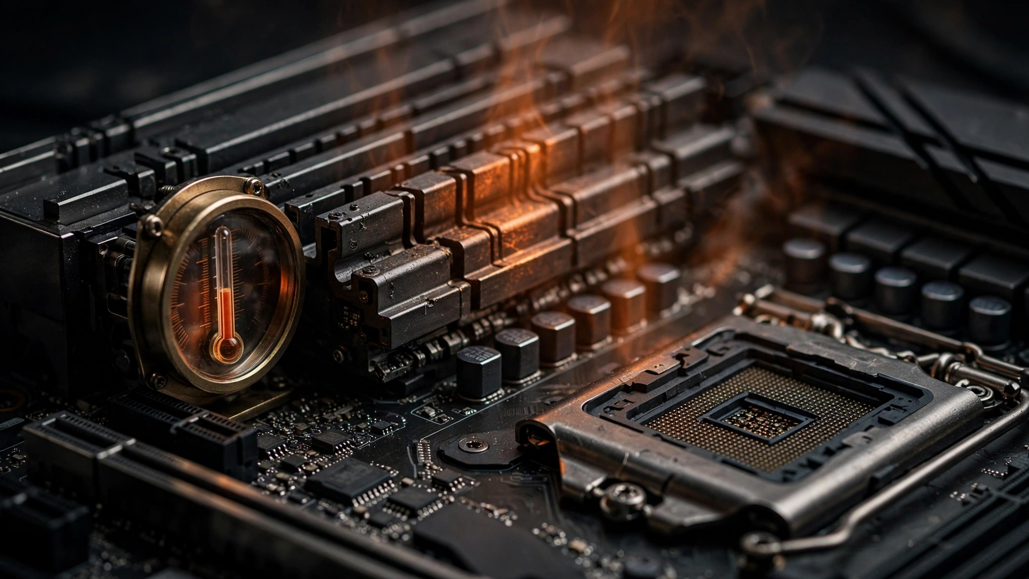 Thermal visual on a gaming PC motherboard showing heat as the real hardware danger, not bottlenecks
