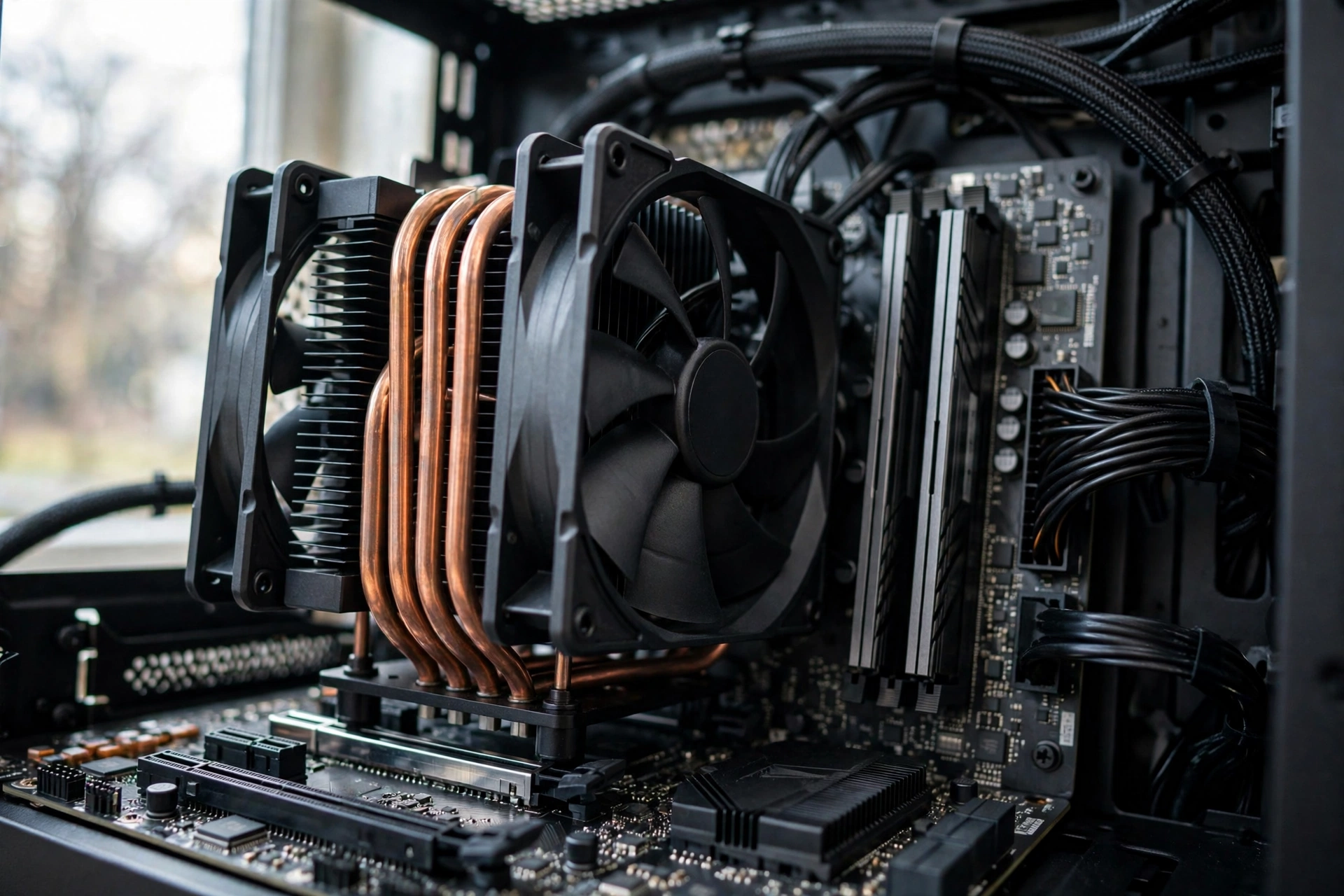 Close-up of a gaming PC CPU socket with a dual-tower air cooler and DDR5 memory modules