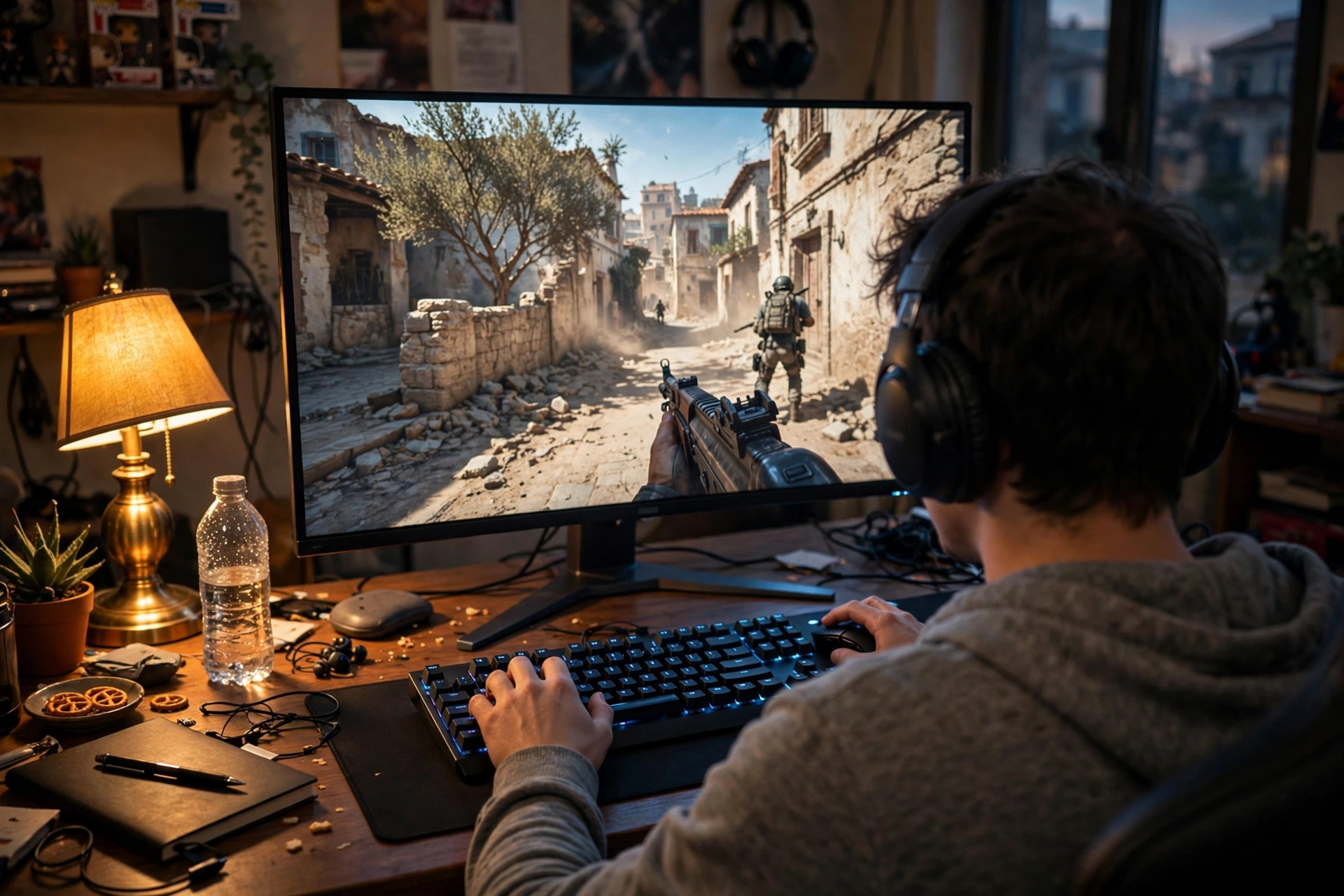 Competitive gamer playing Counter-Strike 2 on a high-refresh-rate monitor at a desk setup