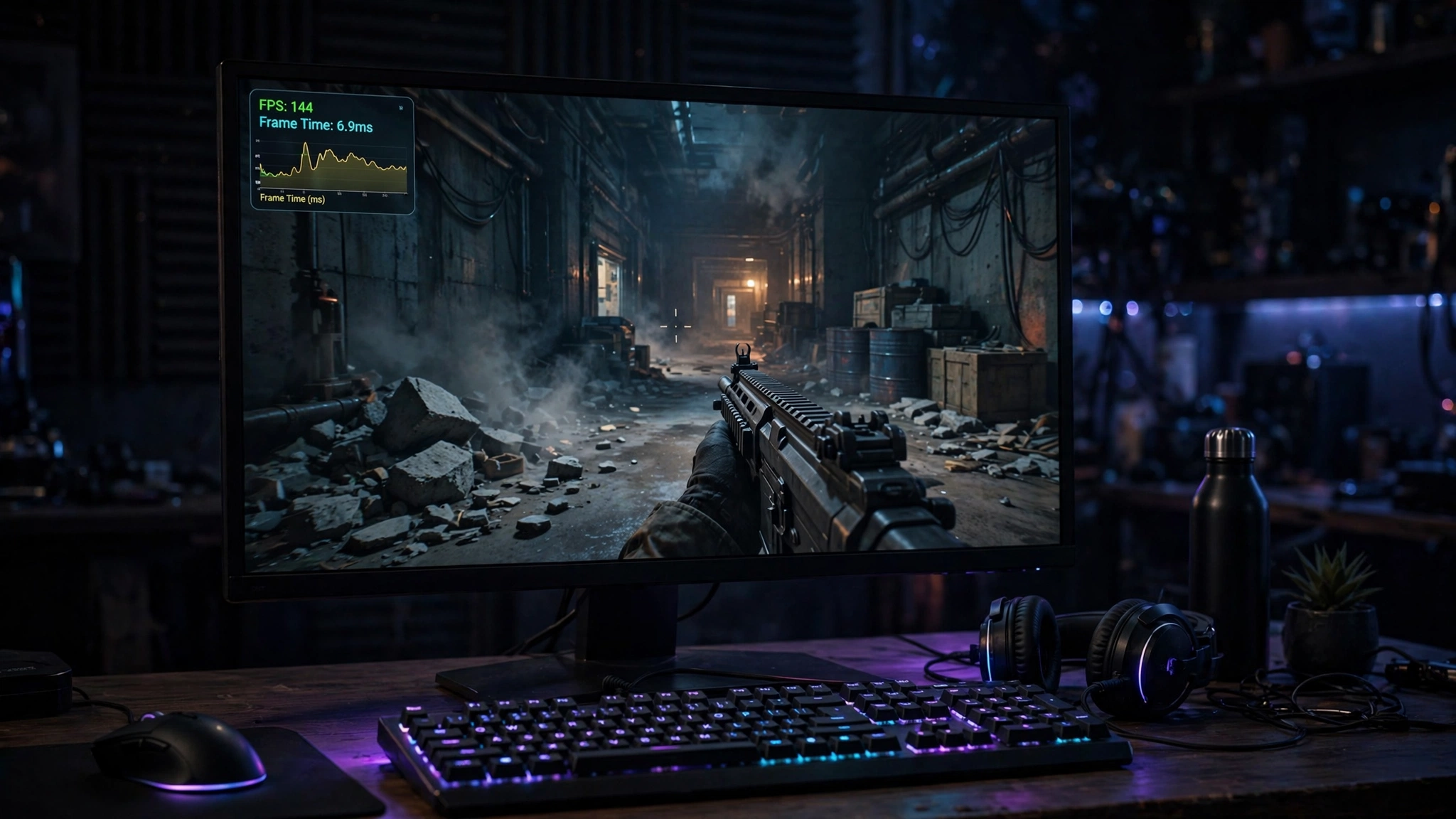 Gaming monitor showing FPS counter and frame time graph overlay for diagnosing low FPS
