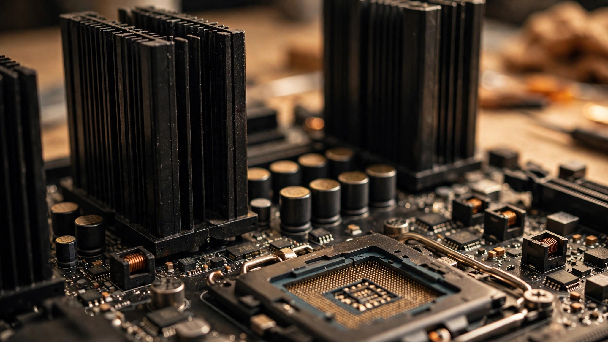 Close-up of motherboard VRM heatsinks delivering stable power to a gaming CPU