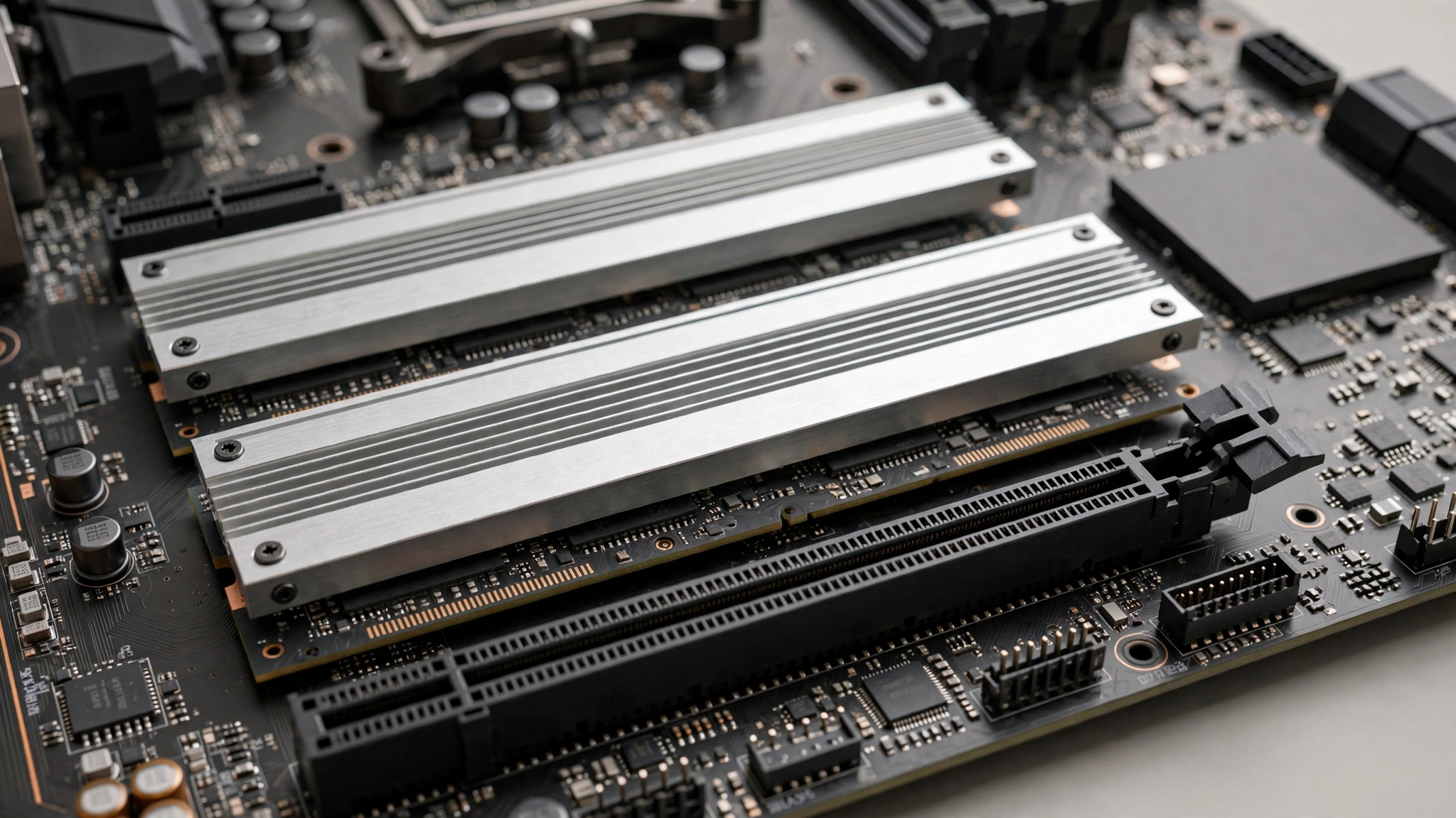 M.2 SSD slots beside the primary PCIe x16 GPU slot on a modern gaming motherboard