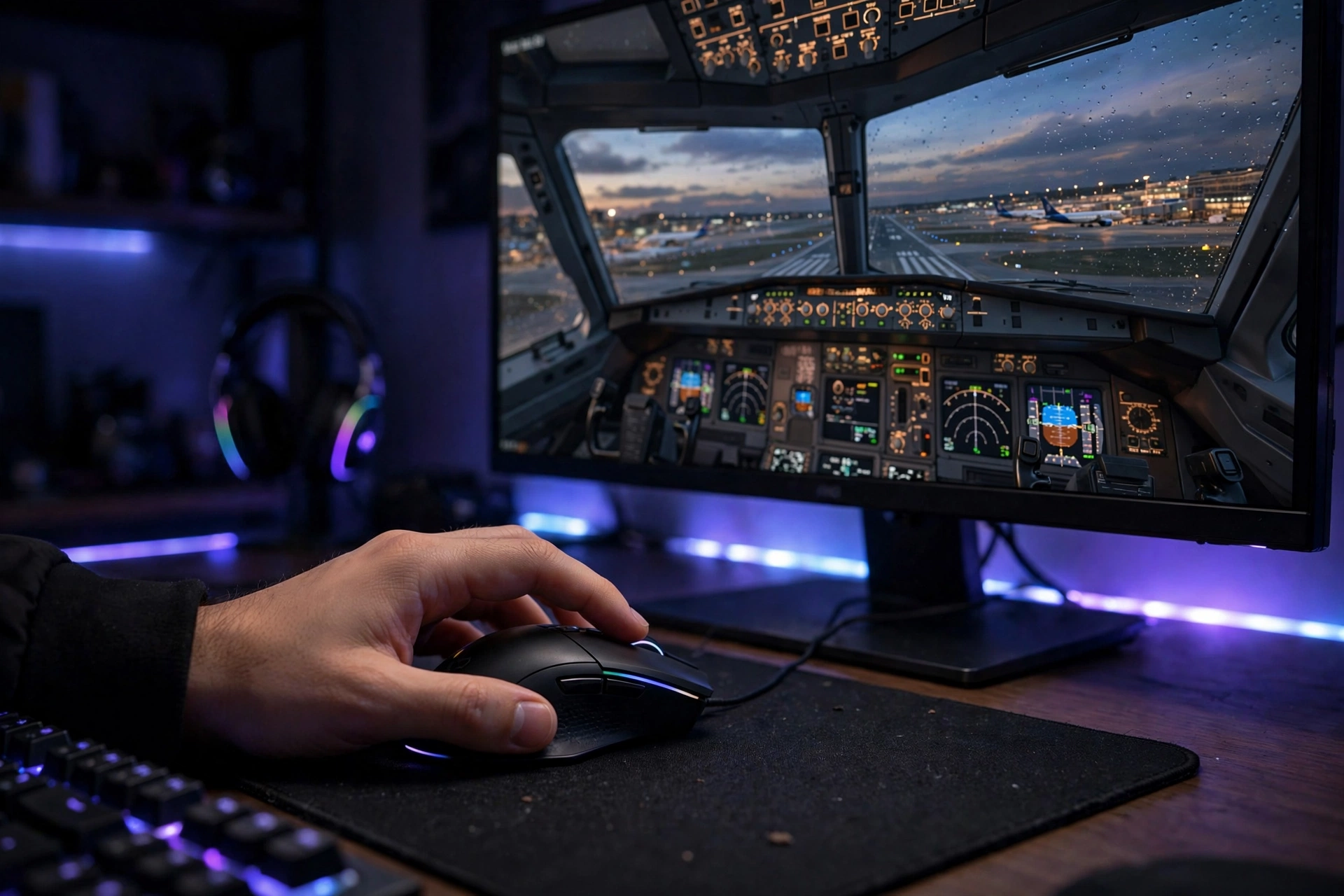 Gamer adjusting graphics settings on a monitor to fix low FPS and stuttering in Microsoft Flight Simulator