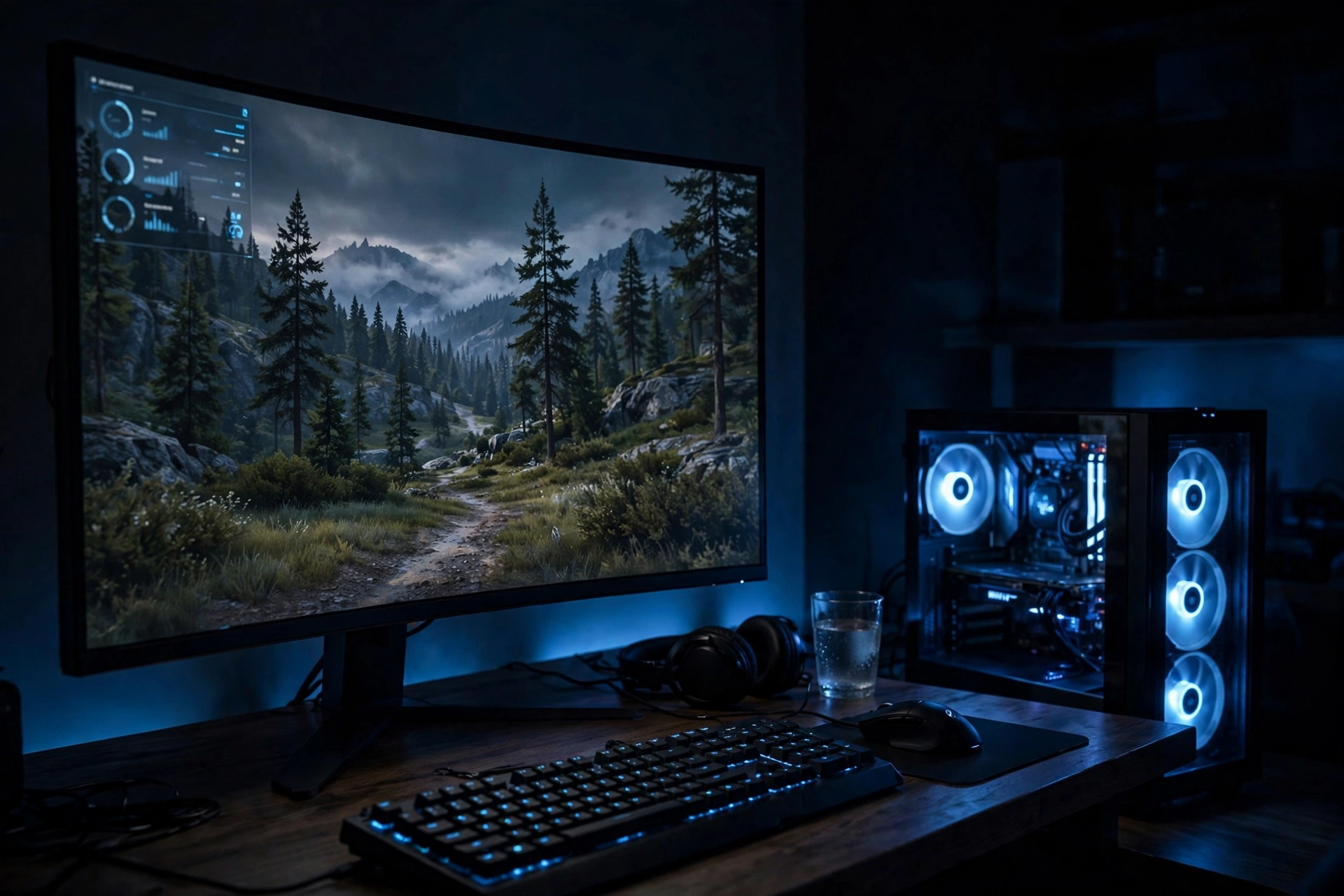 Gaming desk with monitor showing a game and hardware monitoring overlay for bottleneck testing