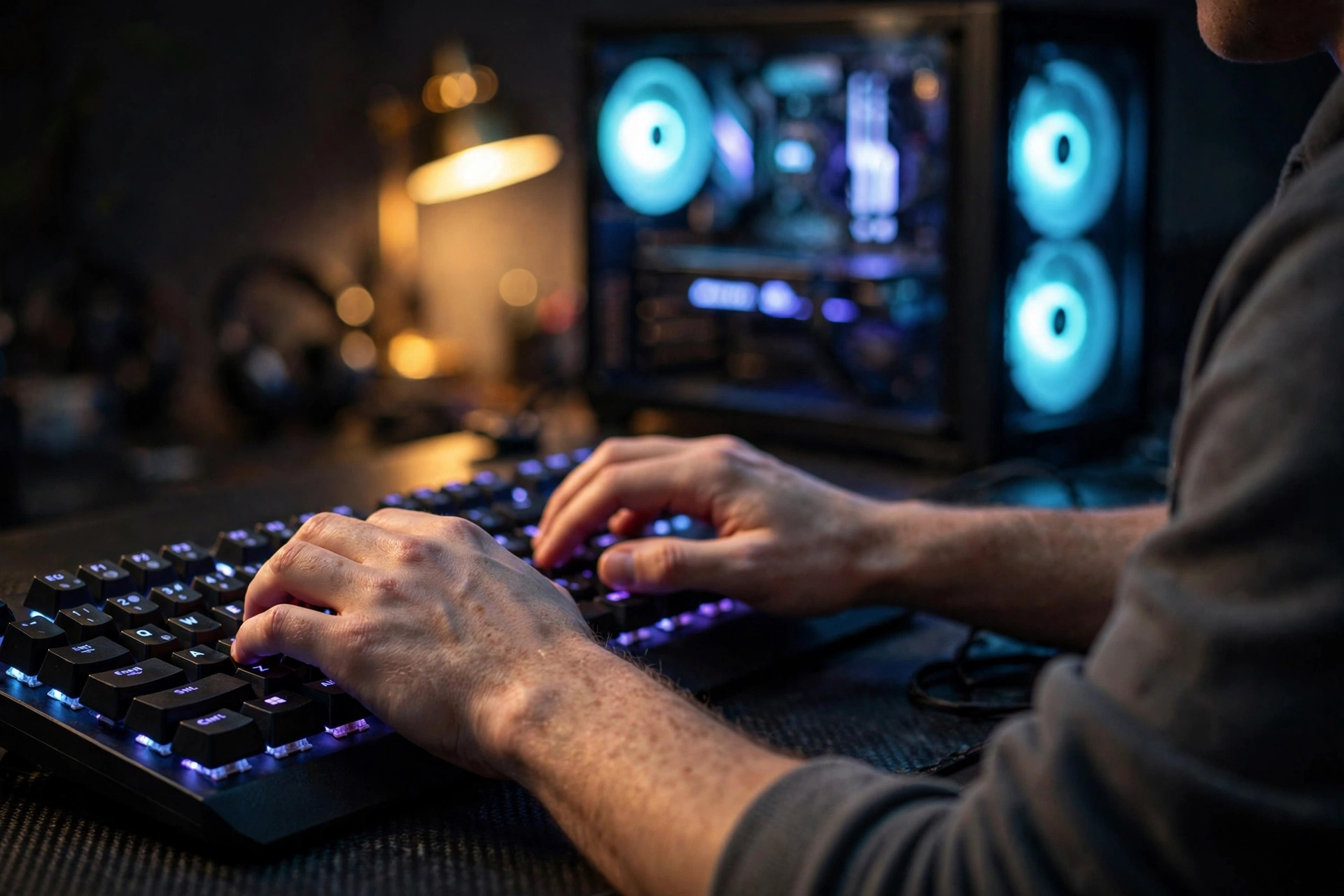 Hands on a backlit keyboard during a PC bottleneck testing session
