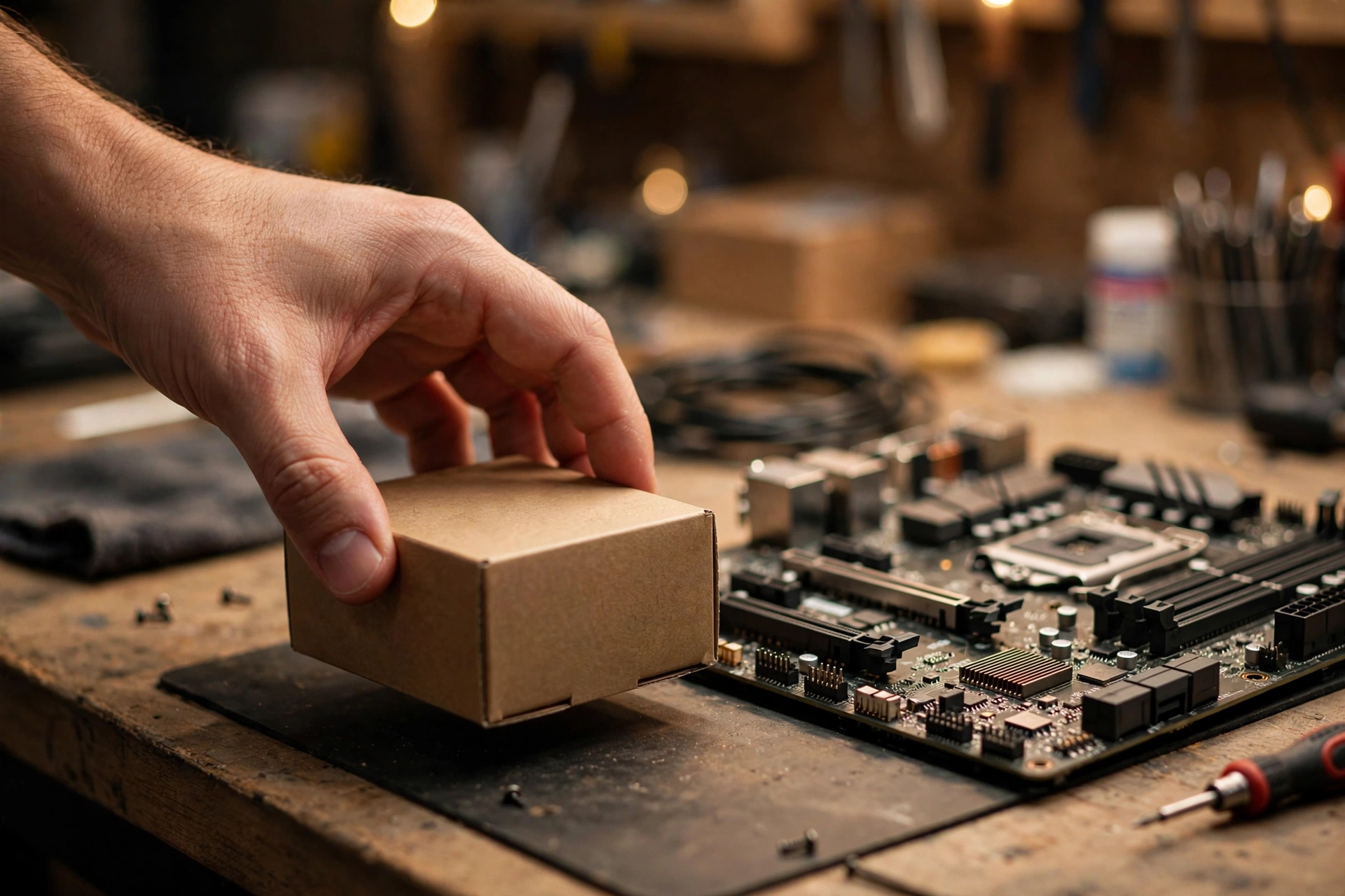 Budget gaming PC builder installing a retail CPU on a motherboard workbench