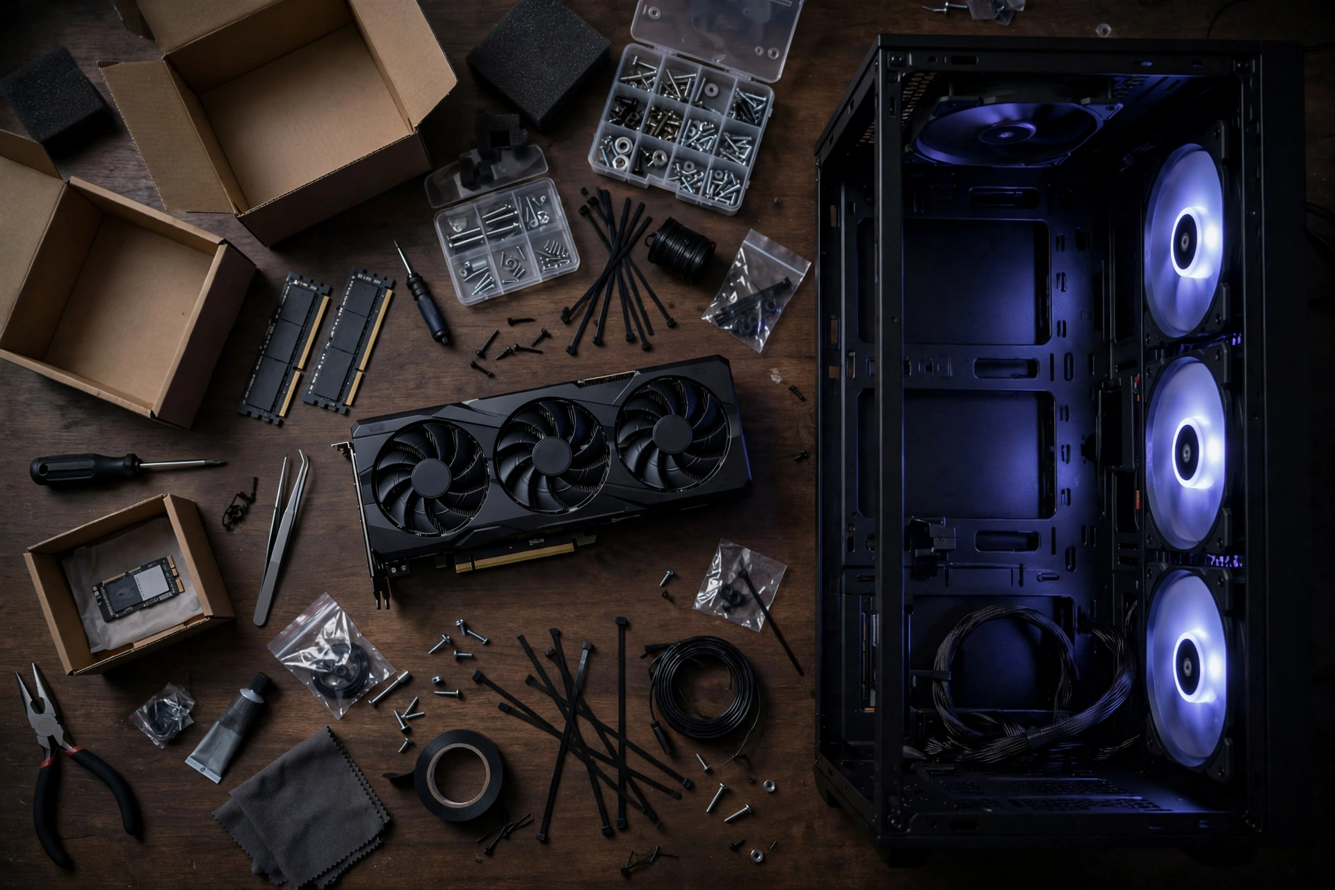 Balanced gaming PC desk setup with graphics card and open computer case