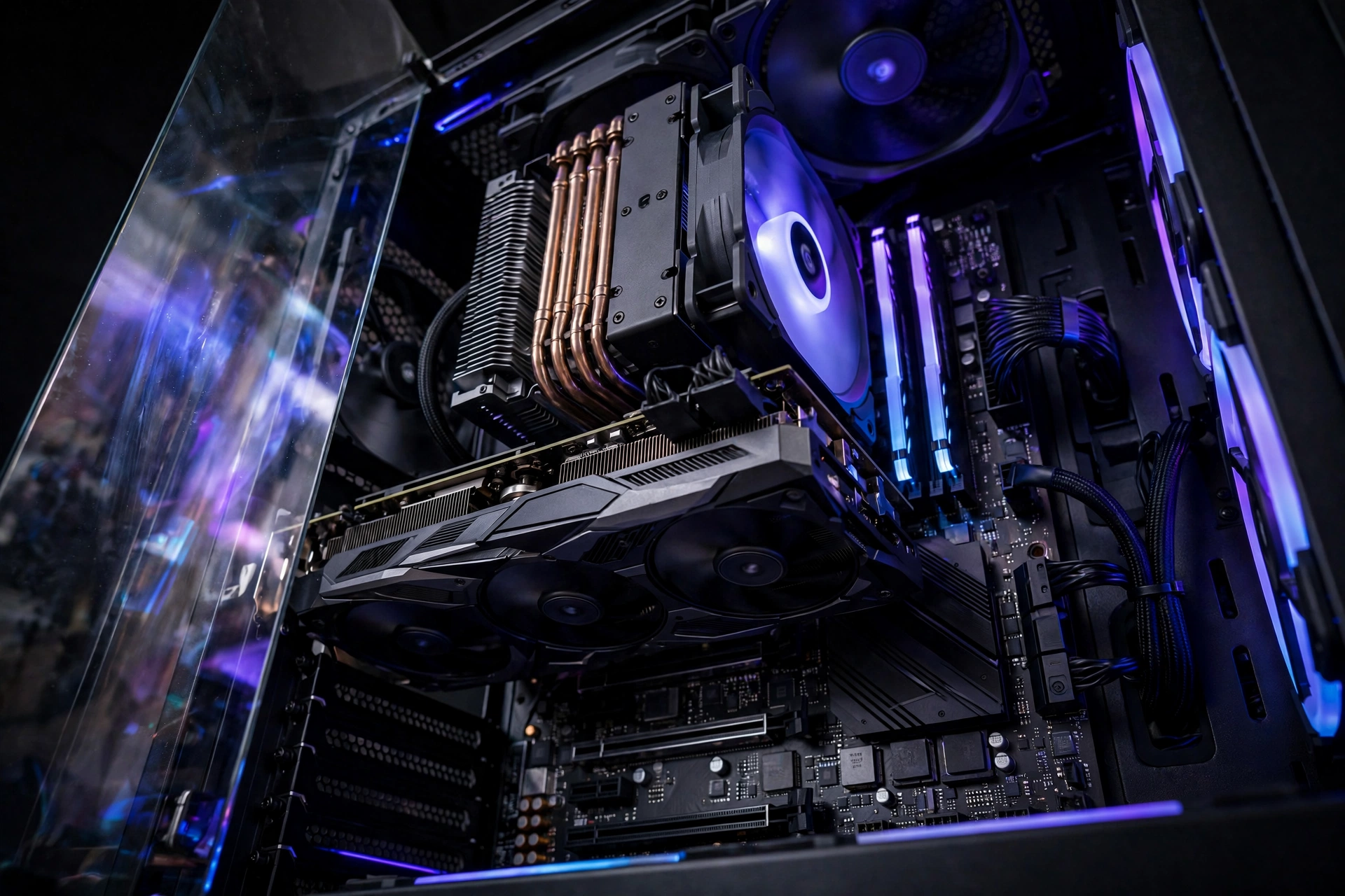 Gaming PC with flagship graphics card and CPU cooler installed for 4K bottleneck-free gaming