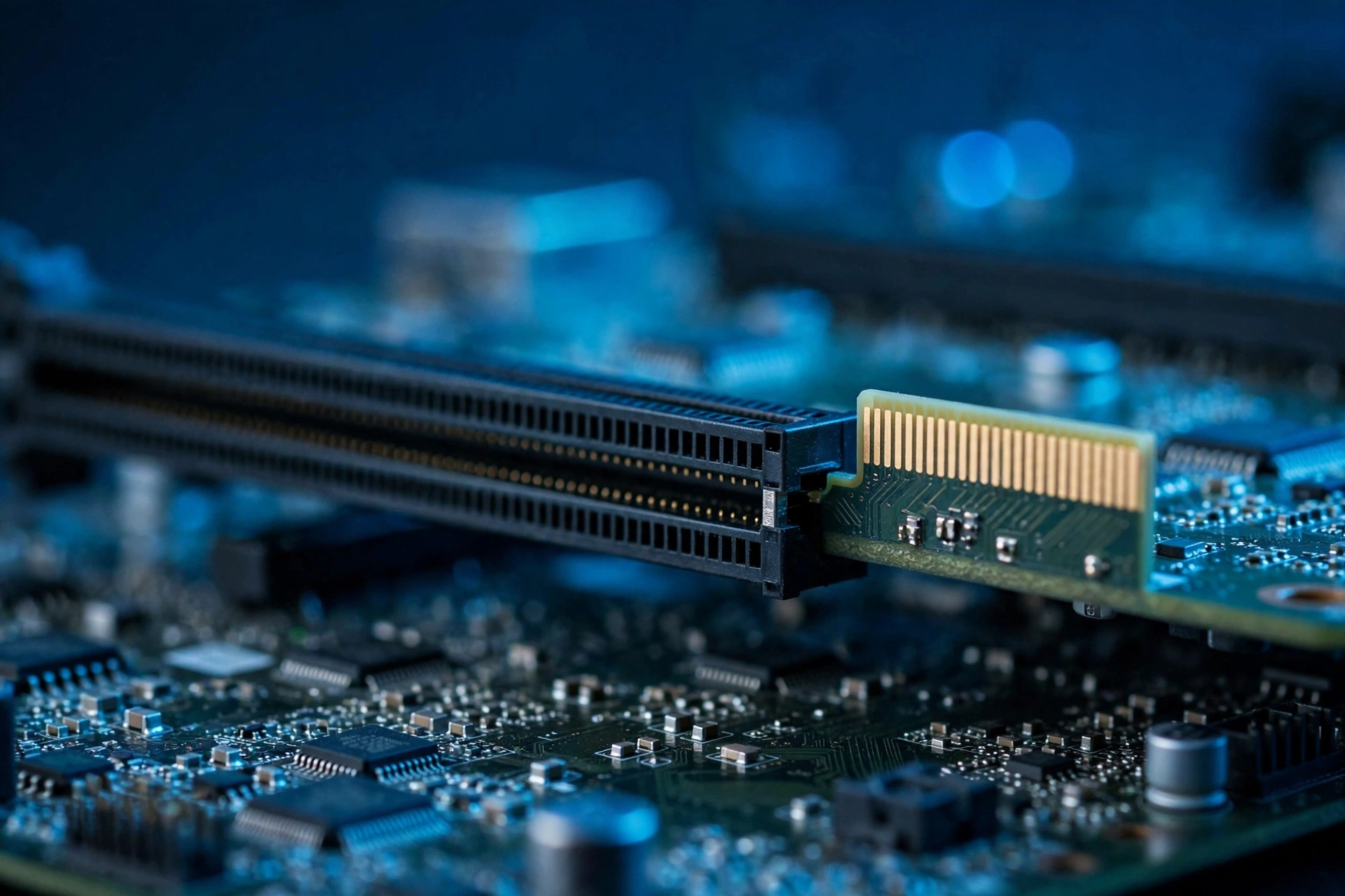 Close view of a graphics card connector in a PCIe x16 motherboard slot