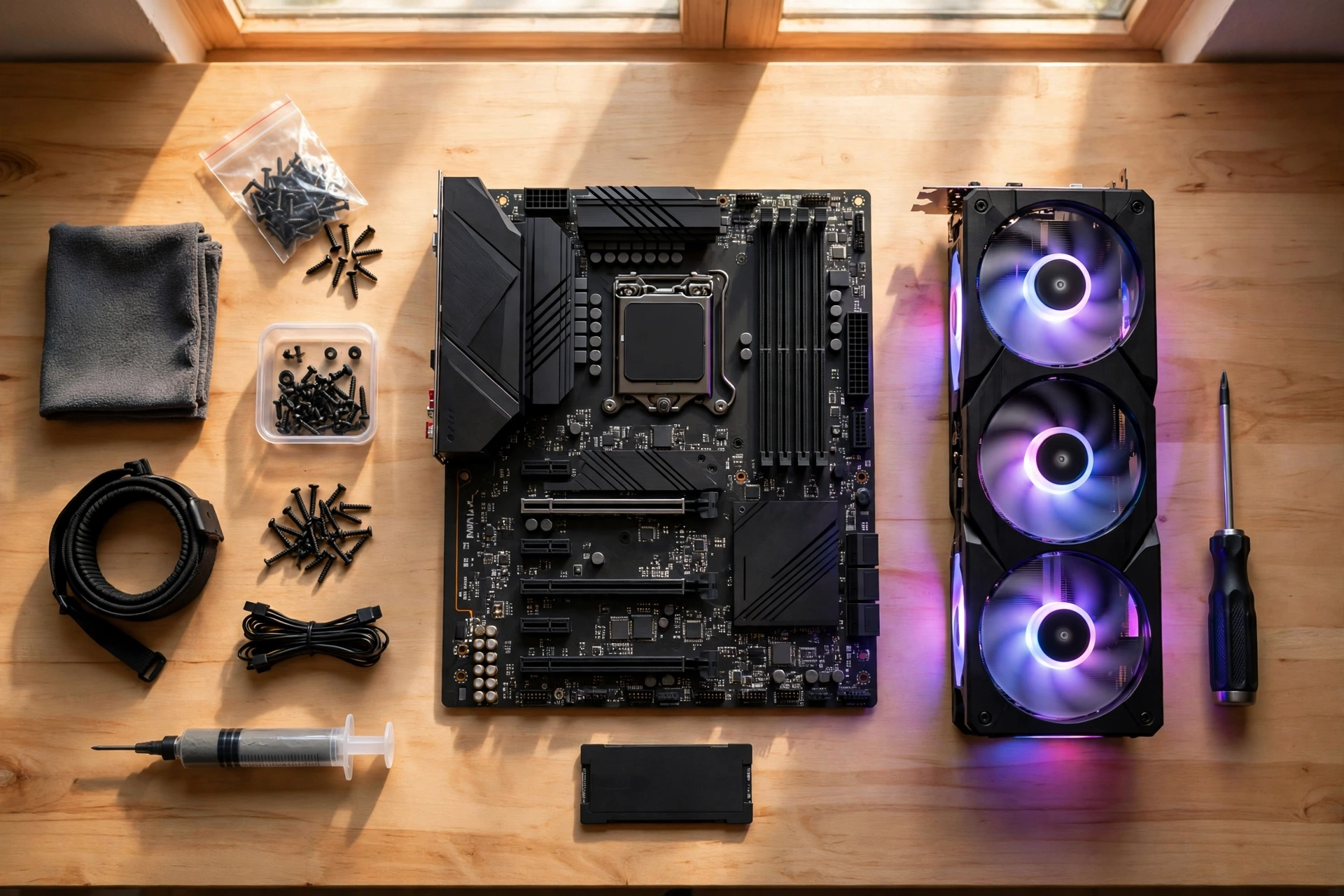 Overhead view of a gaming PC build with motherboard graphics card and NVMe SSD on a desk
