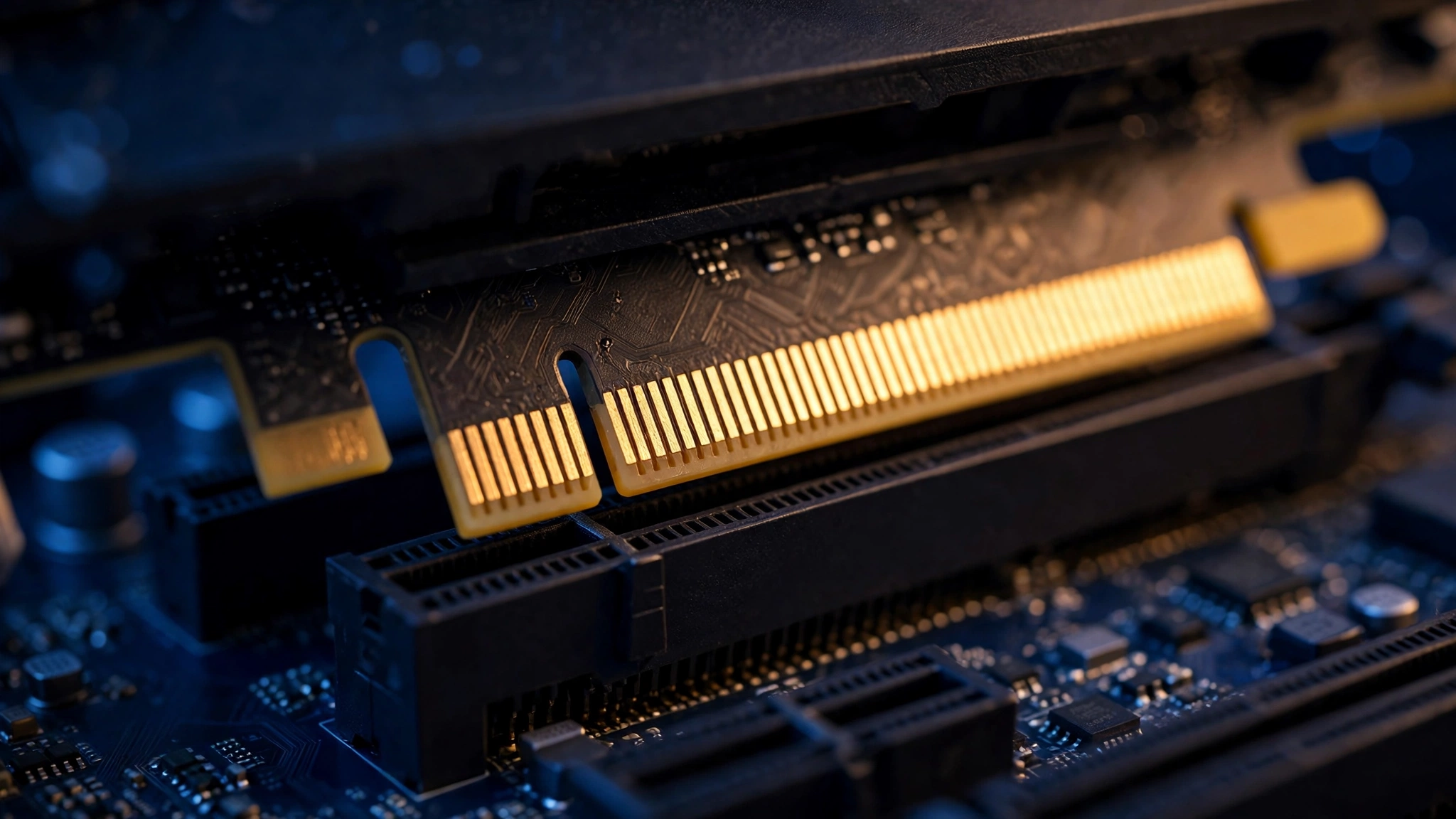 GPU PCIe connector seated in a motherboard x16 slot, close-up hardware photo
