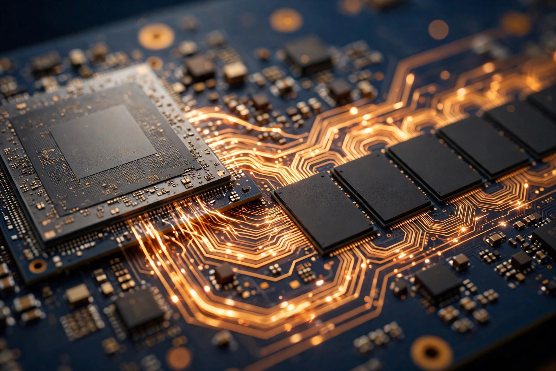 GPU die surrounded by VRAM chips on a graphics card PCB, close-up hardware photo