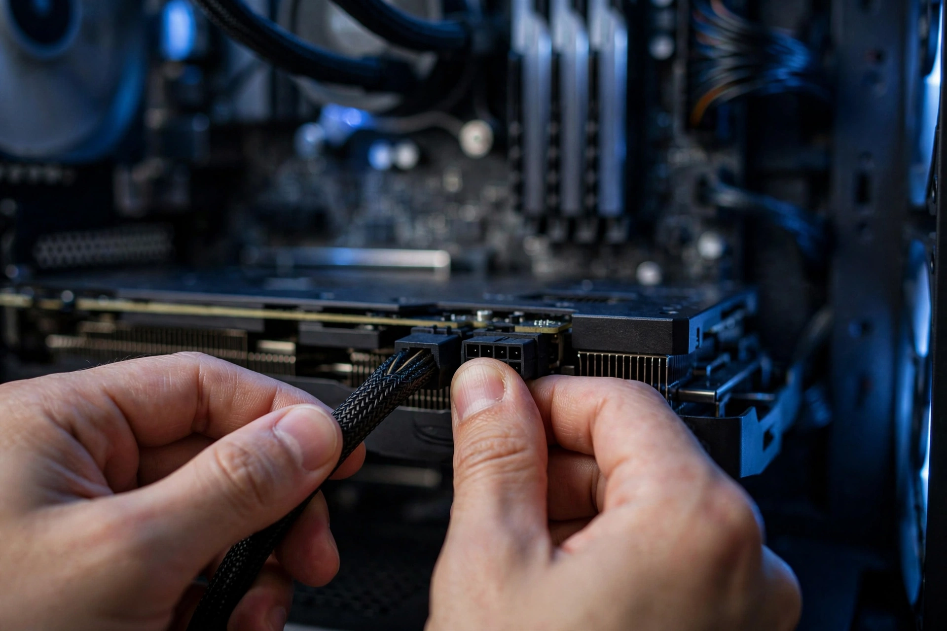 Hands reseating PCIe 8-pin power cables into a graphics card to fix PSU-related gaming crashes