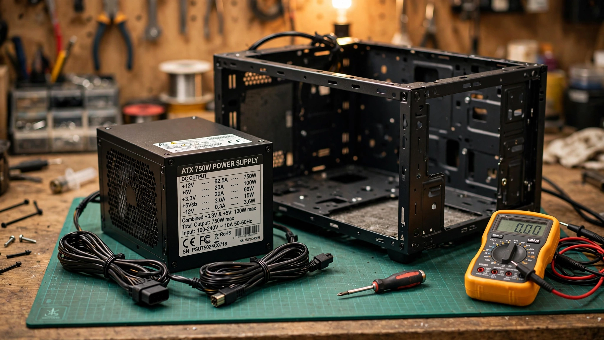 Power supply unit on a workbench showing its voltage rail specification label next to a multimeter