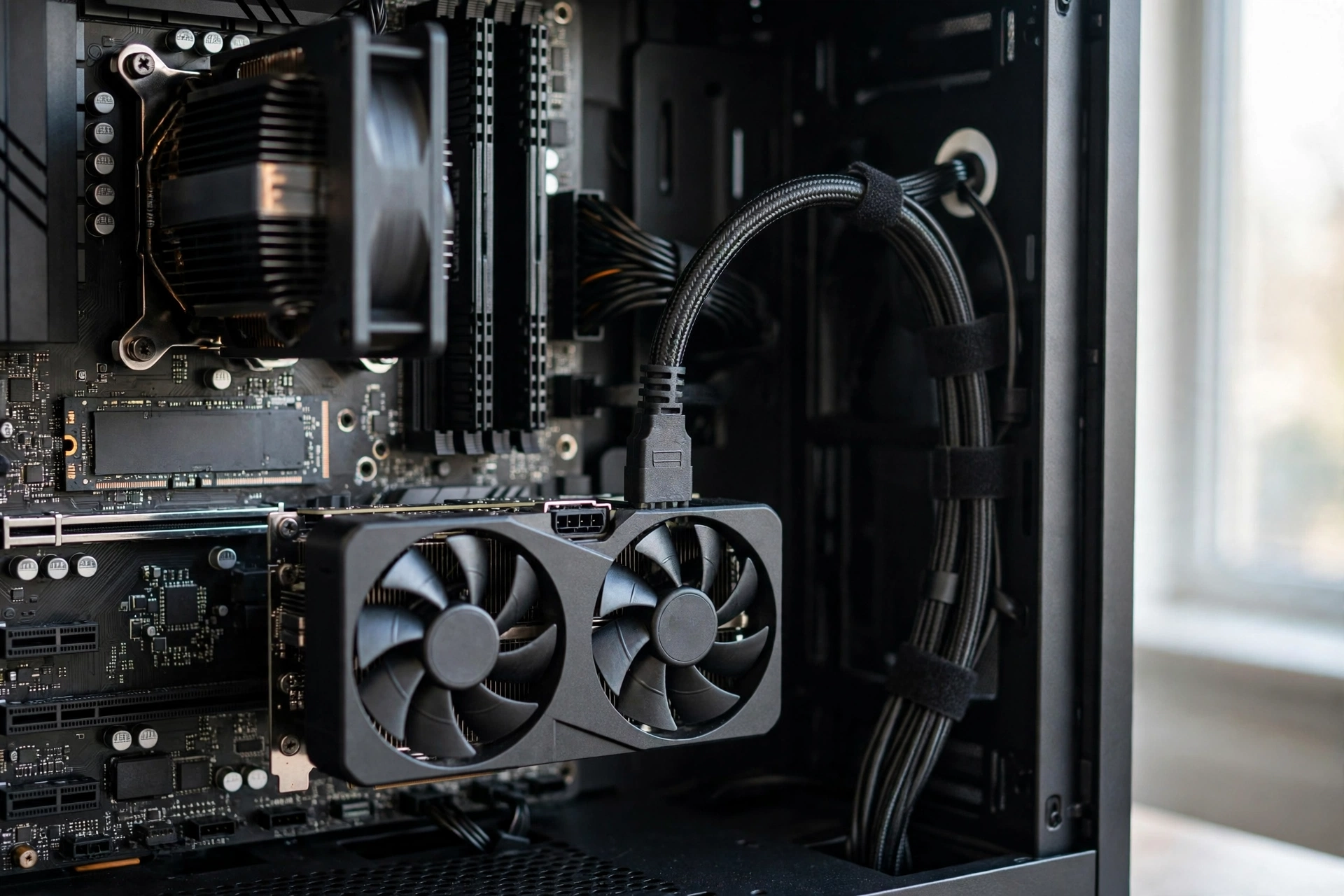 RTX 5060 installed in a gaming PC with power cable connected