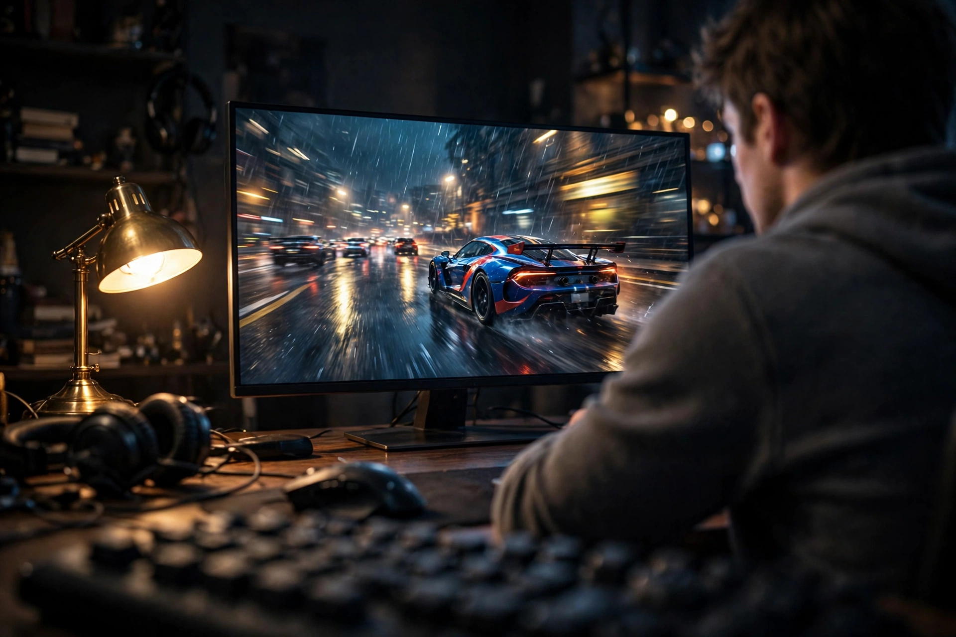 Gamer playing a fast paced game on a widescreen monitor