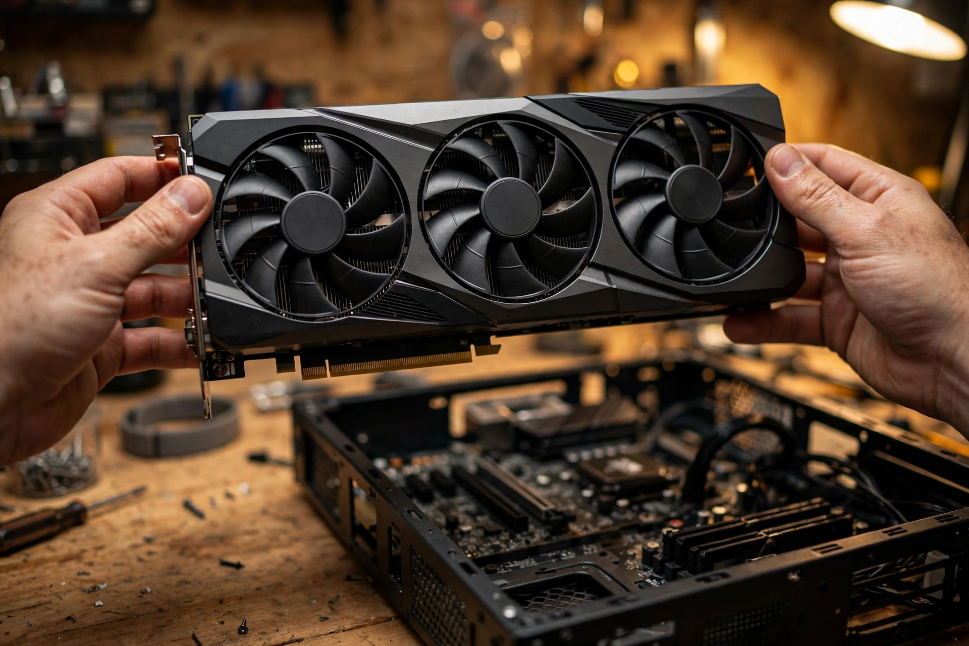 Buyer inspecting a used RTX 5090 graphics card before purchase