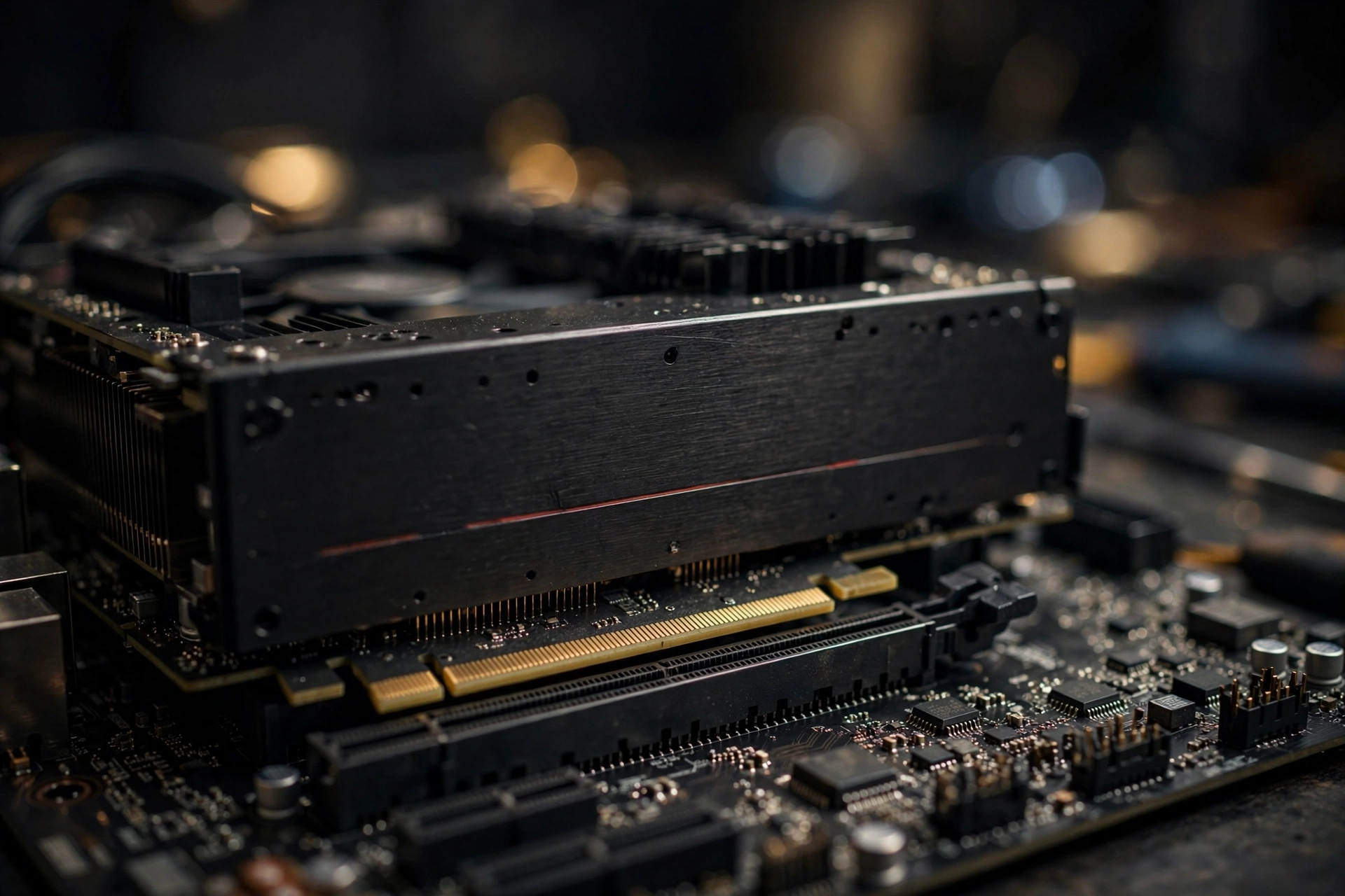 Graphics card installed in a motherboard PCIe slot, close-up view