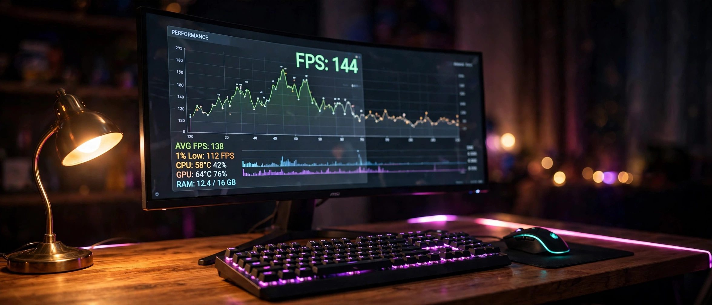 Gaming desk setup with a monitor showing an FPS performance overlay graph