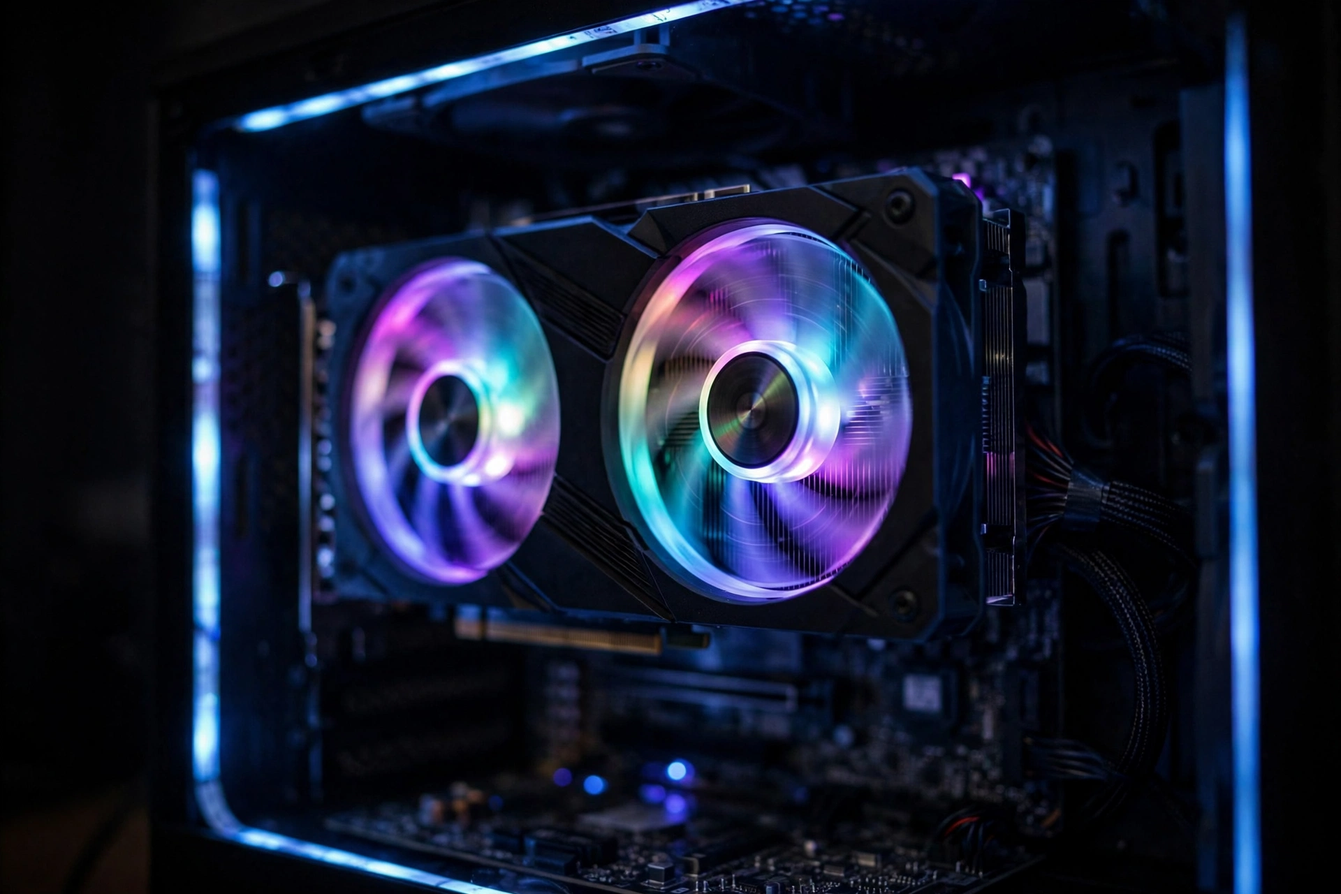 Dual-fan graphics card installed in a gaming PC case with RGB lighting during a budget GPU comparison
