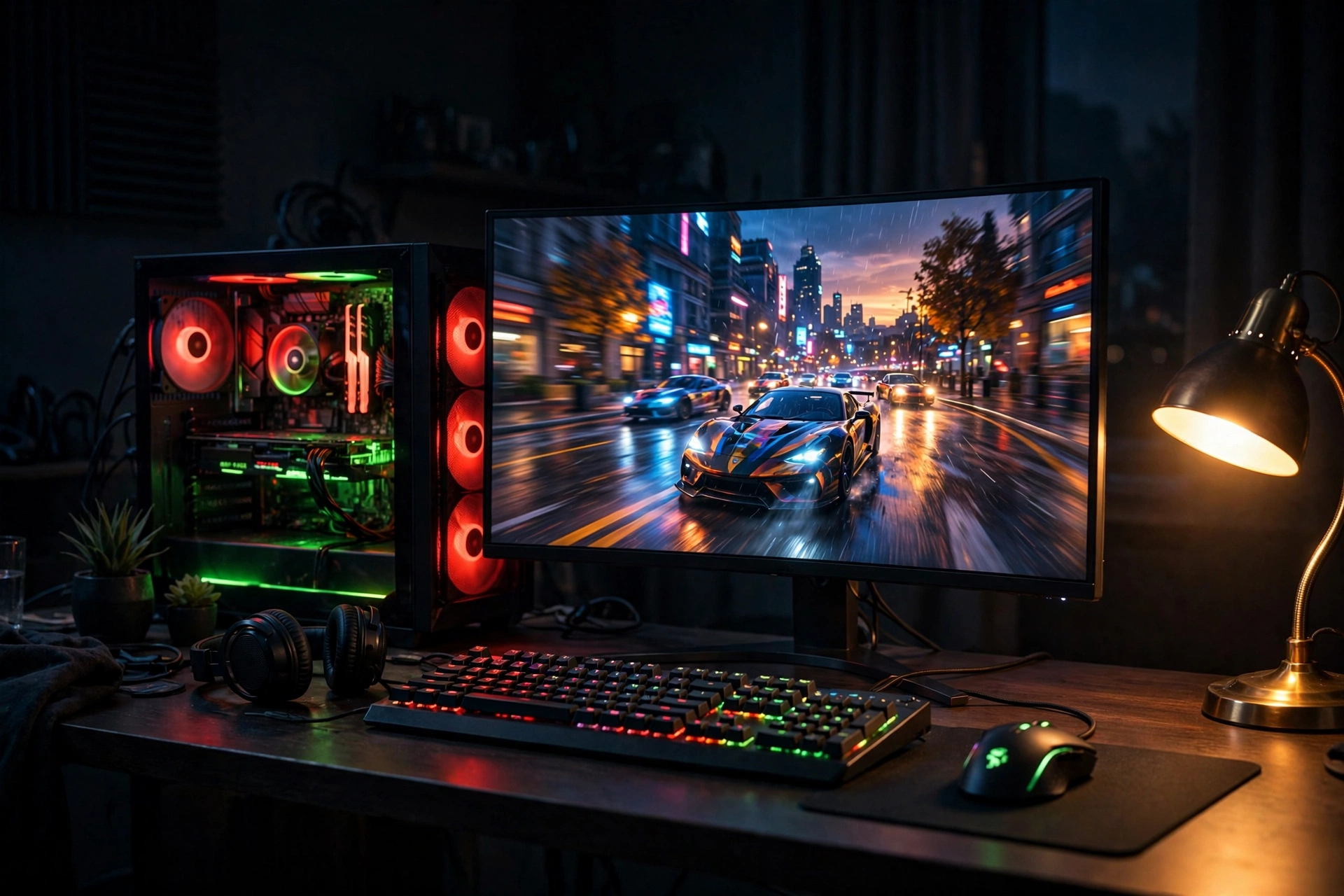 Gaming battlestation with monitor showing a racing game, the kind of setup these budget GPUs are built for
