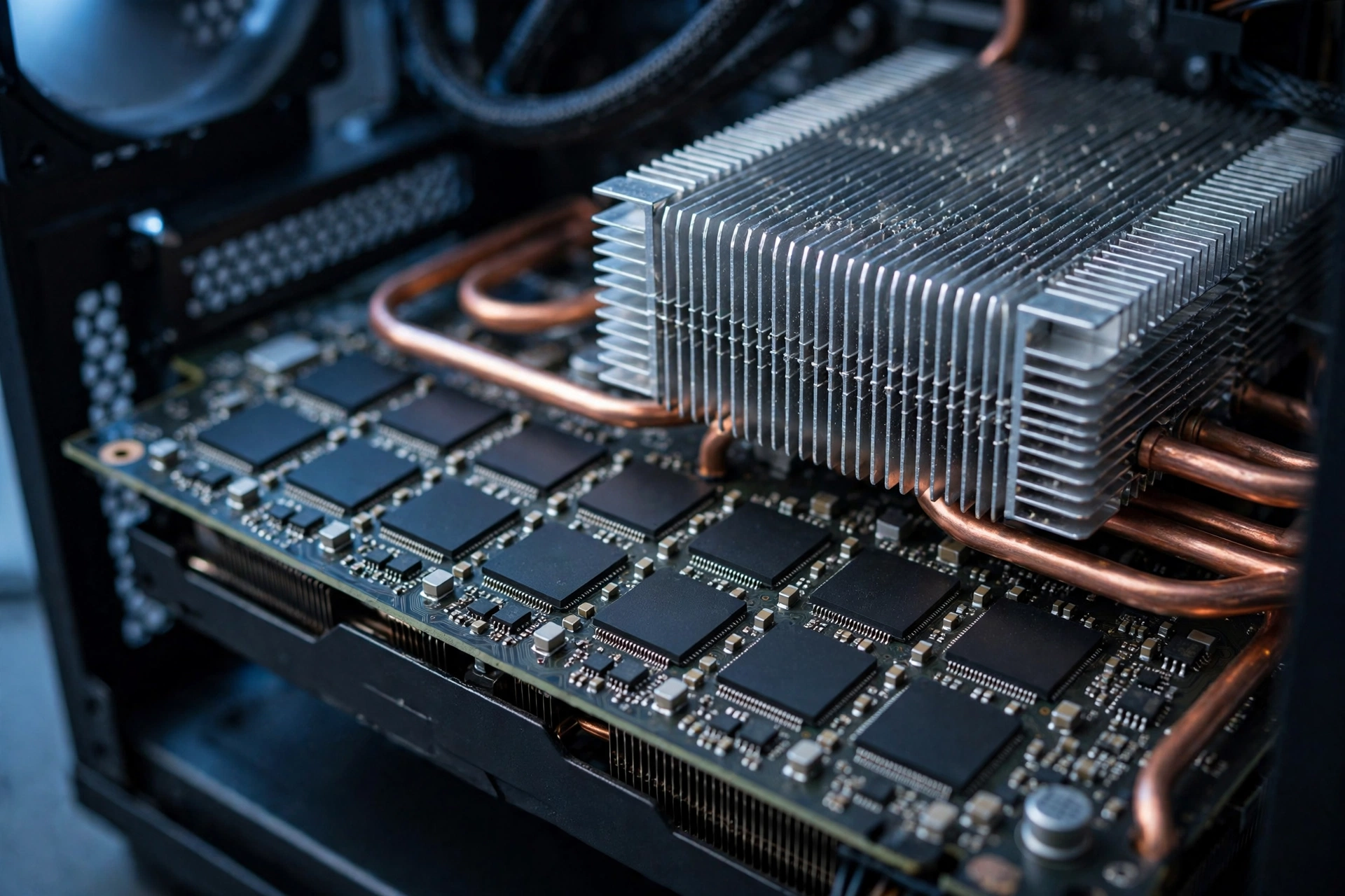 Close up of graphics card memory chips and cooling fins inside a gaming PC