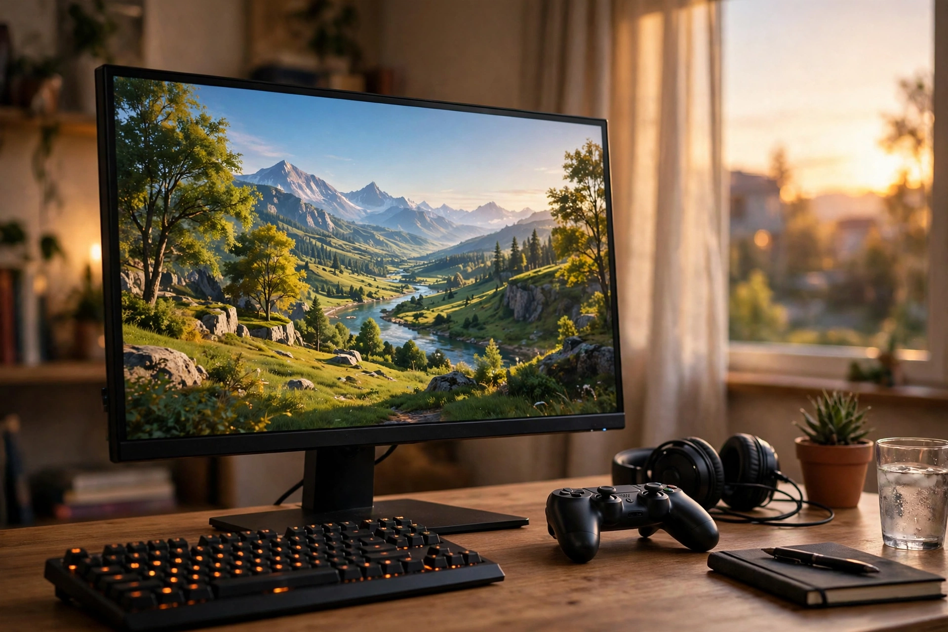 1440p gaming monitor showing an open world game on a tidy gaming desk
