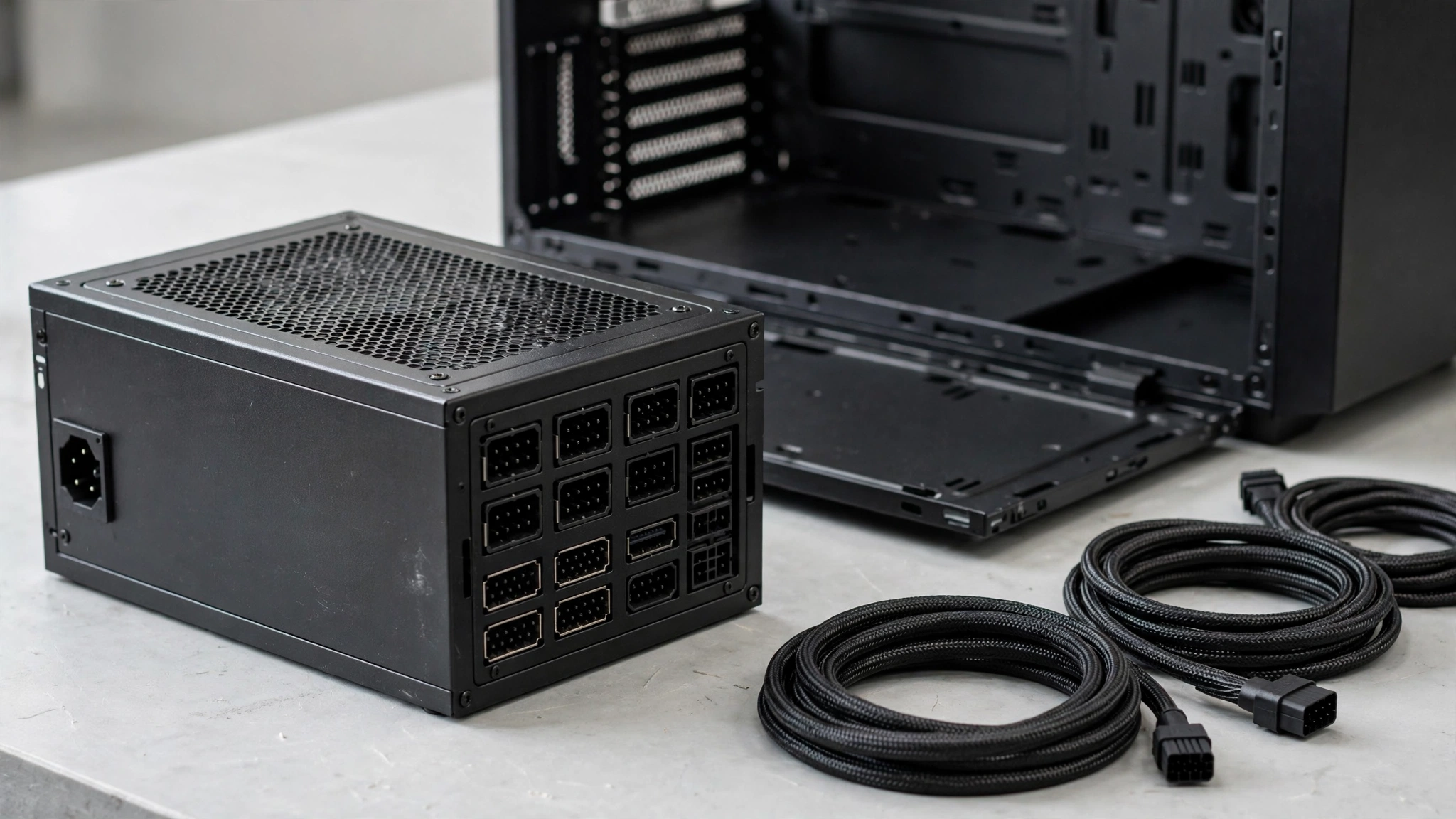 Checking a modular PC power supply wattage label to confirm real 12V capacity for an RX 9070 XT upgrade