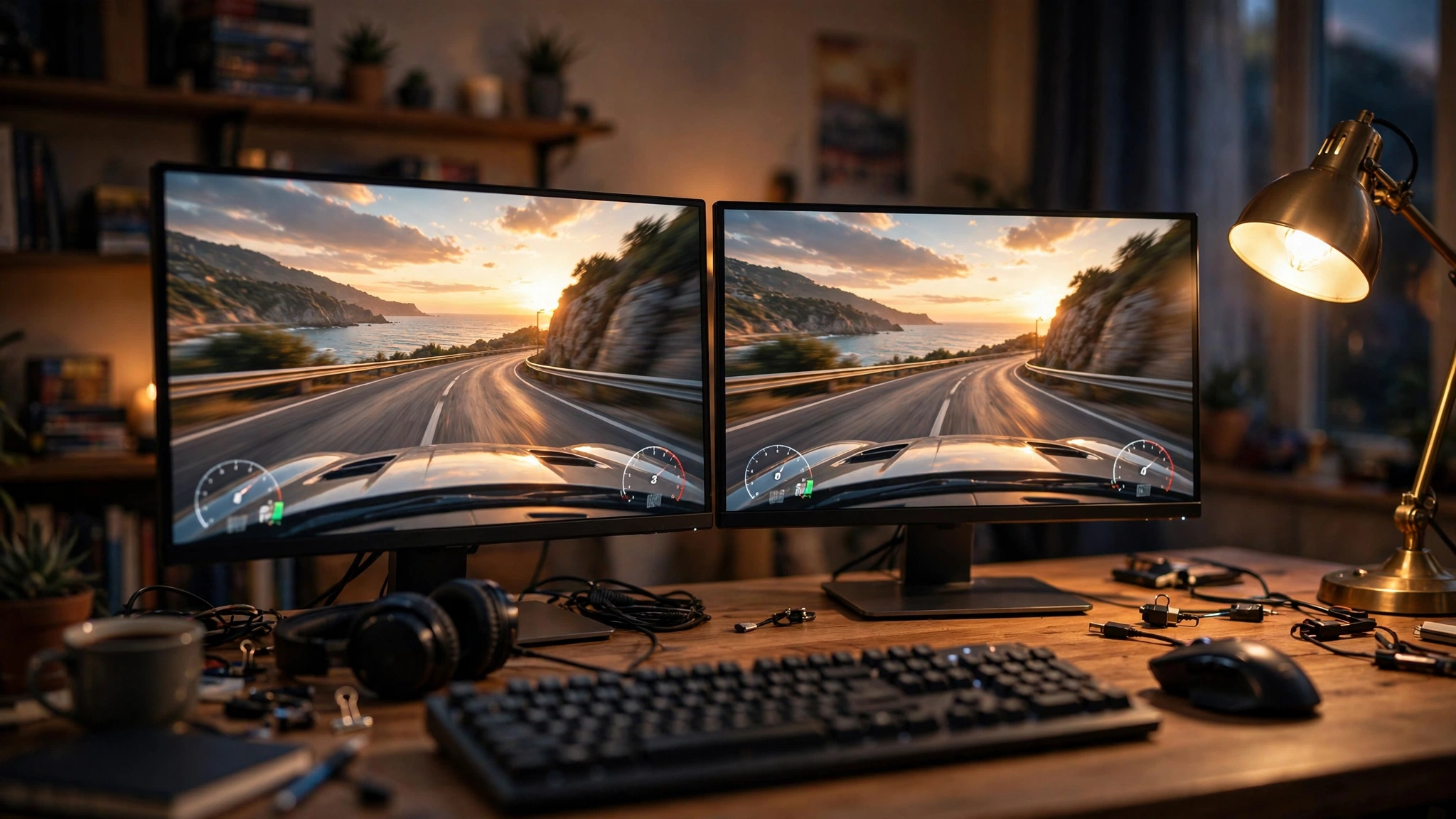 Two monitors side by side showing the same game scene for GPU performance comparison