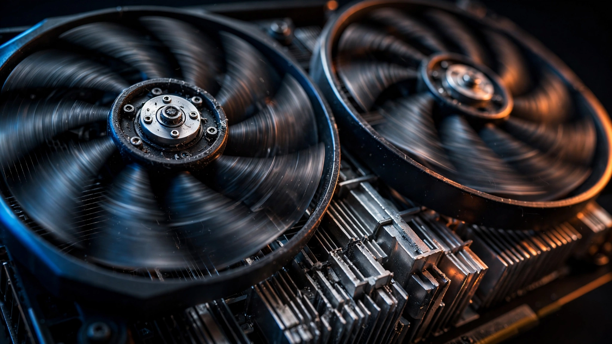 Close-up of graphics card cooling fans spinning under load
