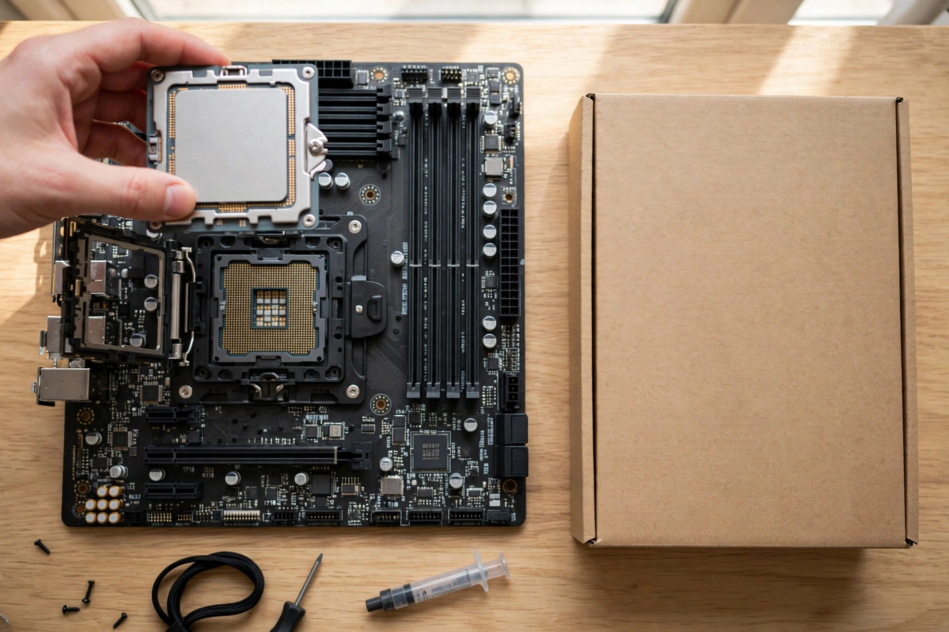 Ryzen 7 7700X processor installed on an AM5 motherboard next to an RTX 5070 graphics card