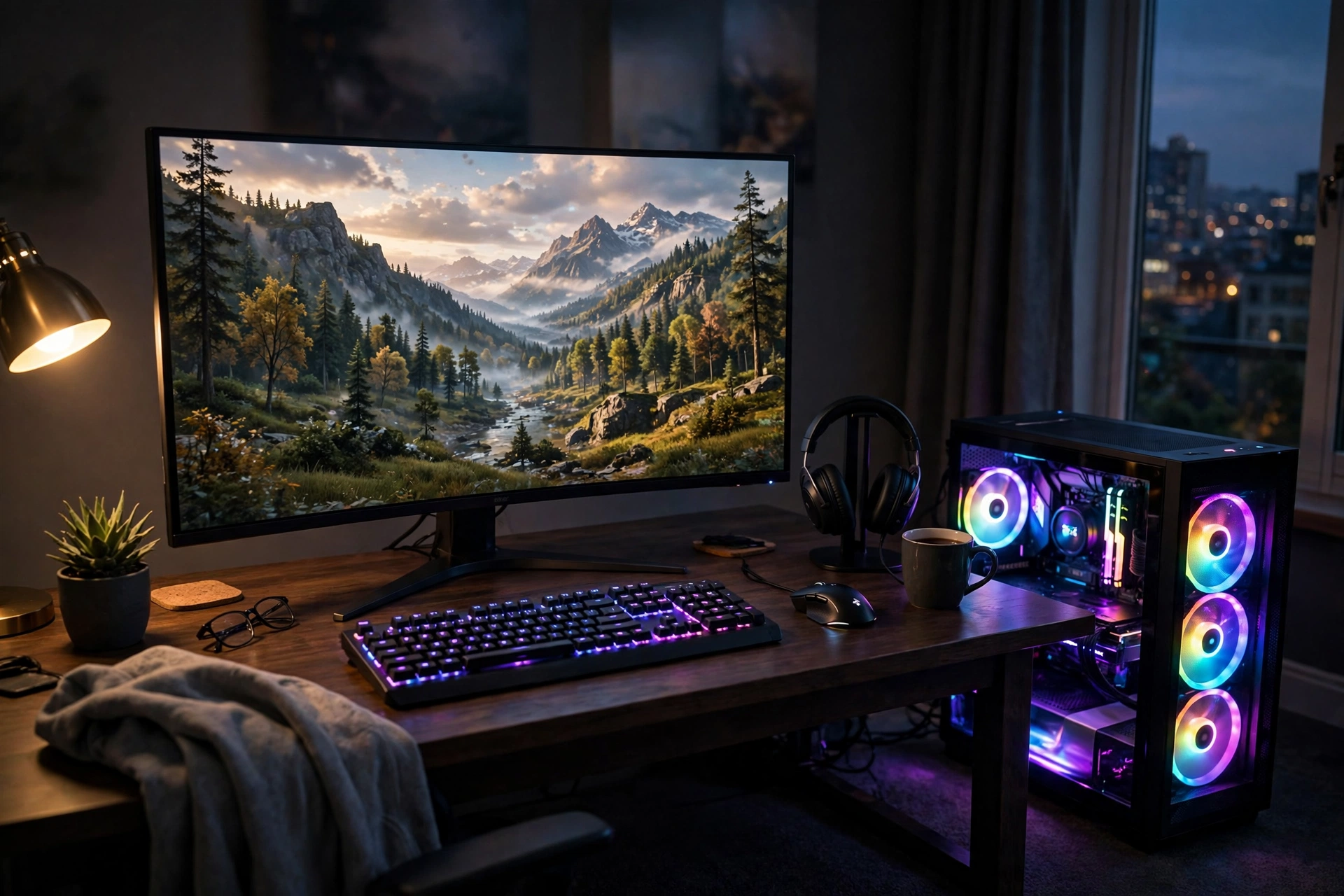 Gaming PC with RTX 5070 running a demanding game at 1440p with smooth frame rates